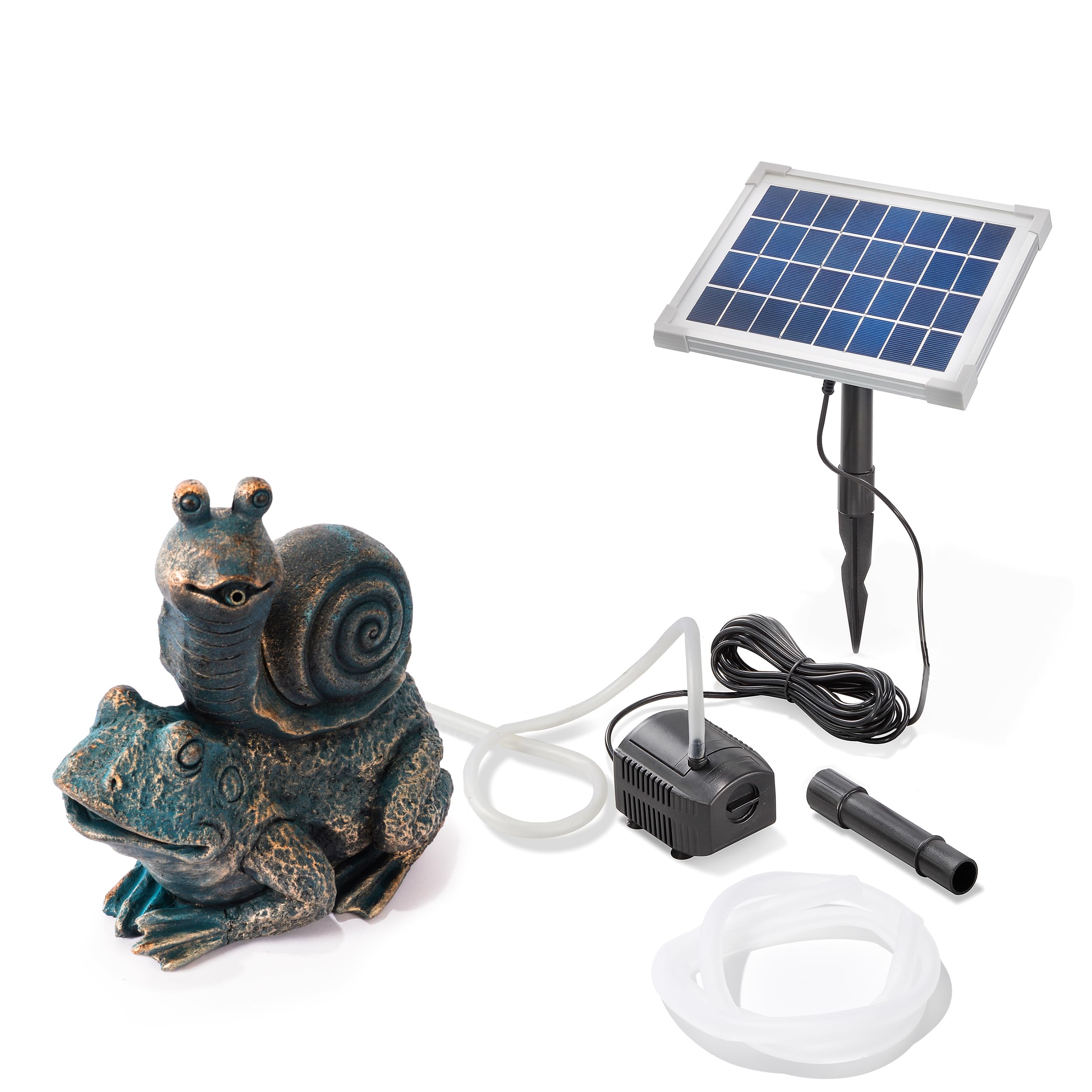 Esotec Solar Wasserspeier Komplettset, Max und Moritz, Frosch mit Schnecke, Gartenteich Wasserspiel, Vogeltränke, Gartenbrunnen mit Solarpumpe, H=26,5cm 101684