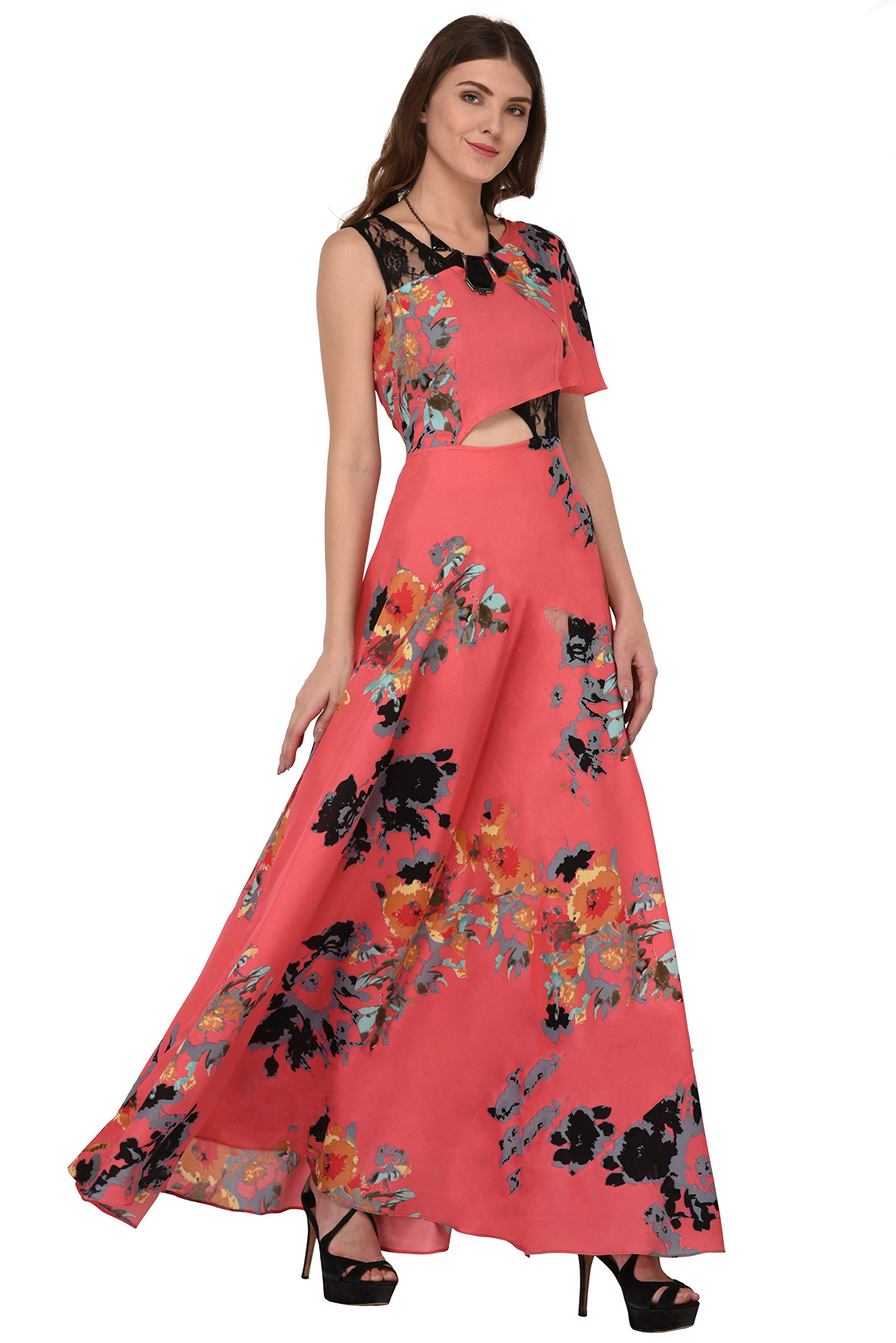 Flared Maxi Dress (Peach Floral Print 