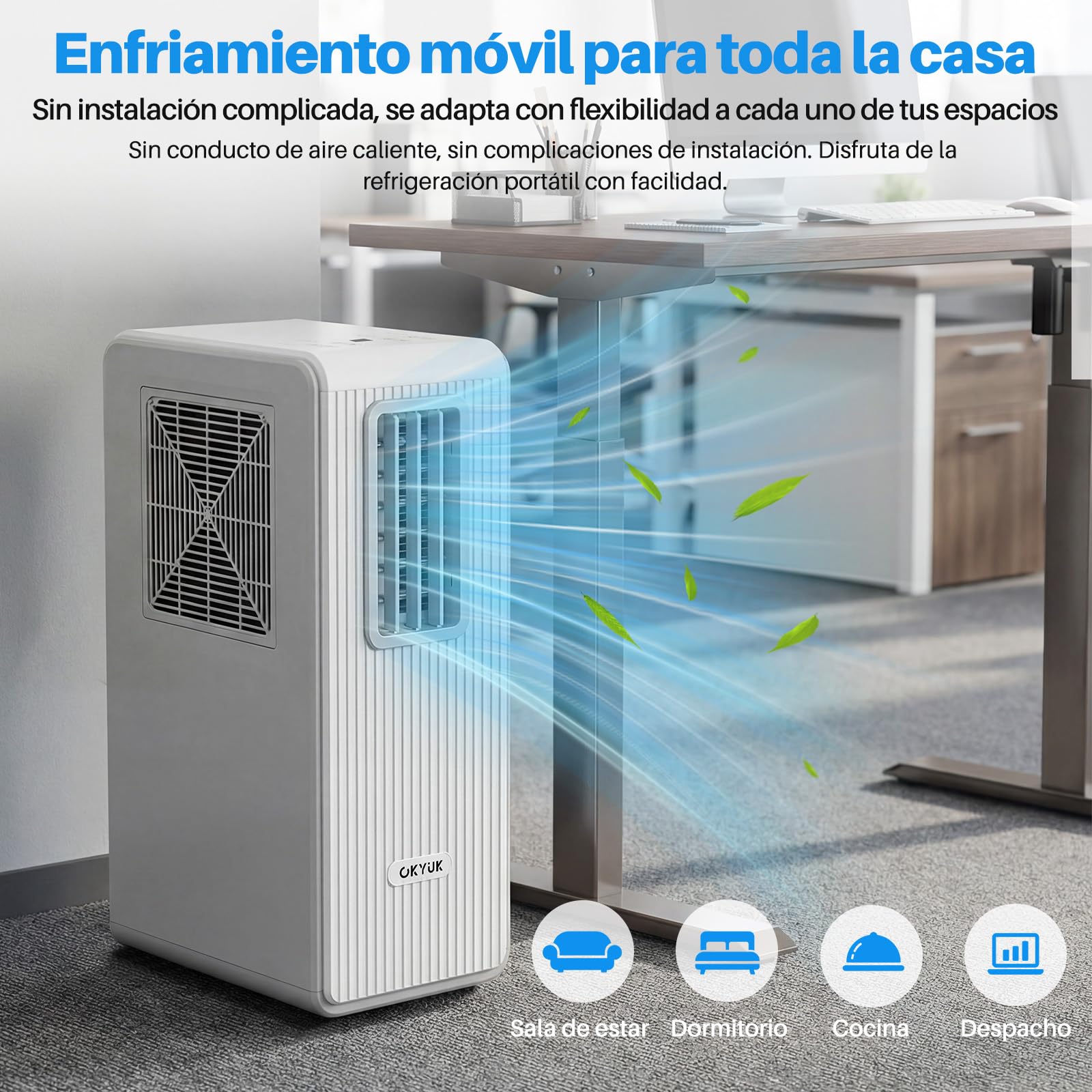OKYUK Climatiseur Mobile, 200 W à économie d'énergie, réfrigérant écologique R290, 3 en 1 : climatiseur, déshumidificateur, ventilateur, ventilation, avec tuyau d'évacuation. (Blanc)