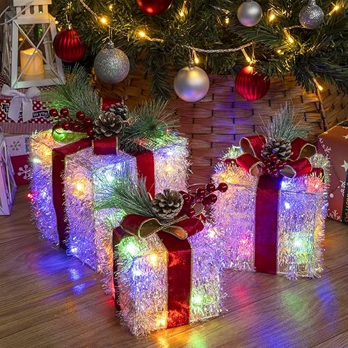 Miniatura 11 de Juego de 4 cajas de regalo iluminadas, 3.3 pies, 70 luces LED, apilables, cajas de regalo para decoraciones de Navidad, interiores y exteriores,