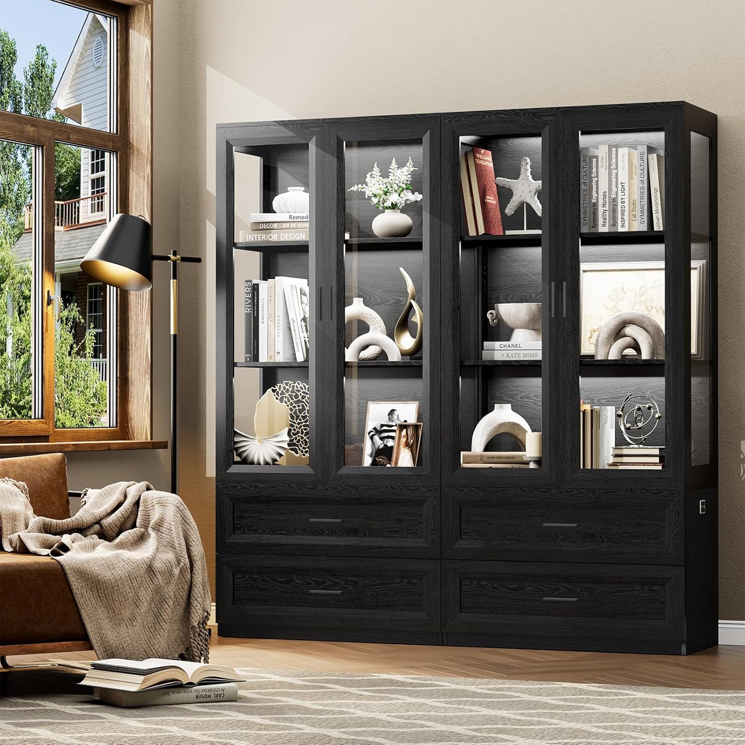 Display Cabinet with LED Lights, Curio Storage Cabinet with Acrylic Doors & 2 Drawers, 67" Bookcase Display Case for Collectibles, Human Body Sensor, Home Office, Living Room, Black