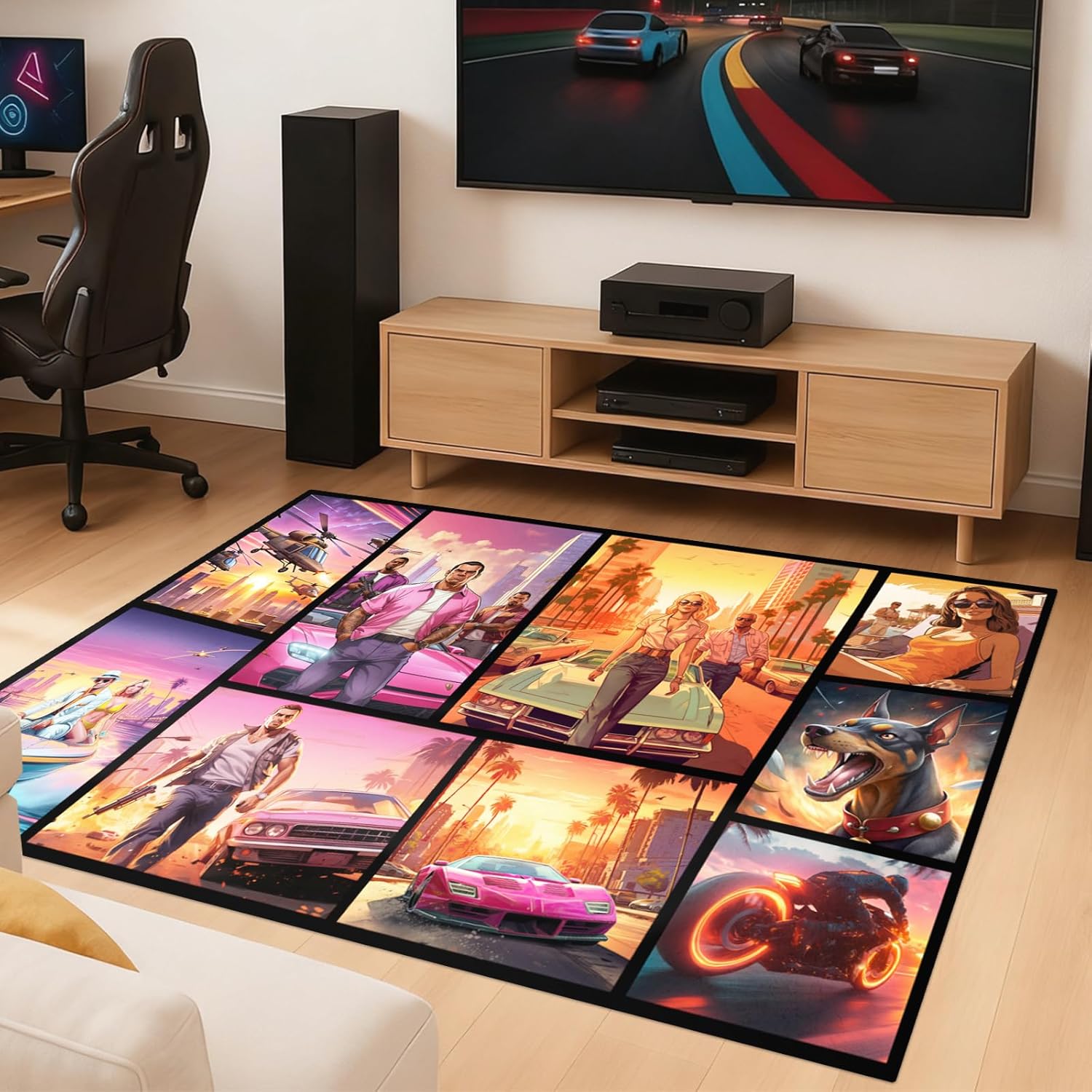Gaming Area Rug Teen Boys Carpet, Non-Slip Comic Splicing Style Rug with Upgrade Rubber Backing, Stain Resistant Faux Wool Distressed Carpet for Game PlayRoom, Bedroom, Living Room (Autos, 60" x 40")
