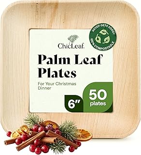 Chic Leaf Palm Leaf Compostable Plates - 6" Square, Pack of 50 - Disposable Dinnerware for Christmas Food, Rustic Bamboo Appetizer Plates - Charcuterie Boards & Biodegradable Serviceware