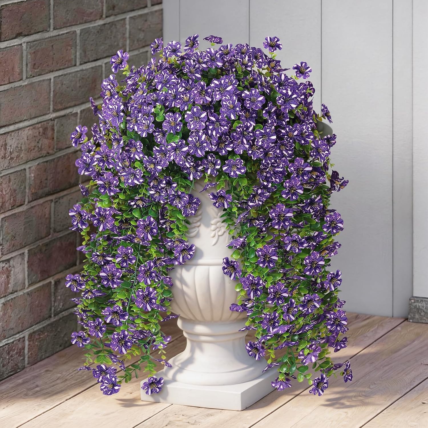 GLIDLION 8 PCS Artificial Morning Glory & Eucalyptus for Outside, Realistic Sun Resistant Fake Silk Hang Flower Faux Eucalyptus Leave for Patio Farmhouse Garden Porches Balcony Decor (Purple)