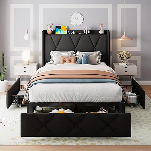 Feonase Twin Bed Frame with 3 Storage Drawers, Upholstered Platform Bed with Fast Charging Station, Wingback Storage Headboard, Wooden Slats Support, No Box Spring Needed, Easy-Assembly, Black