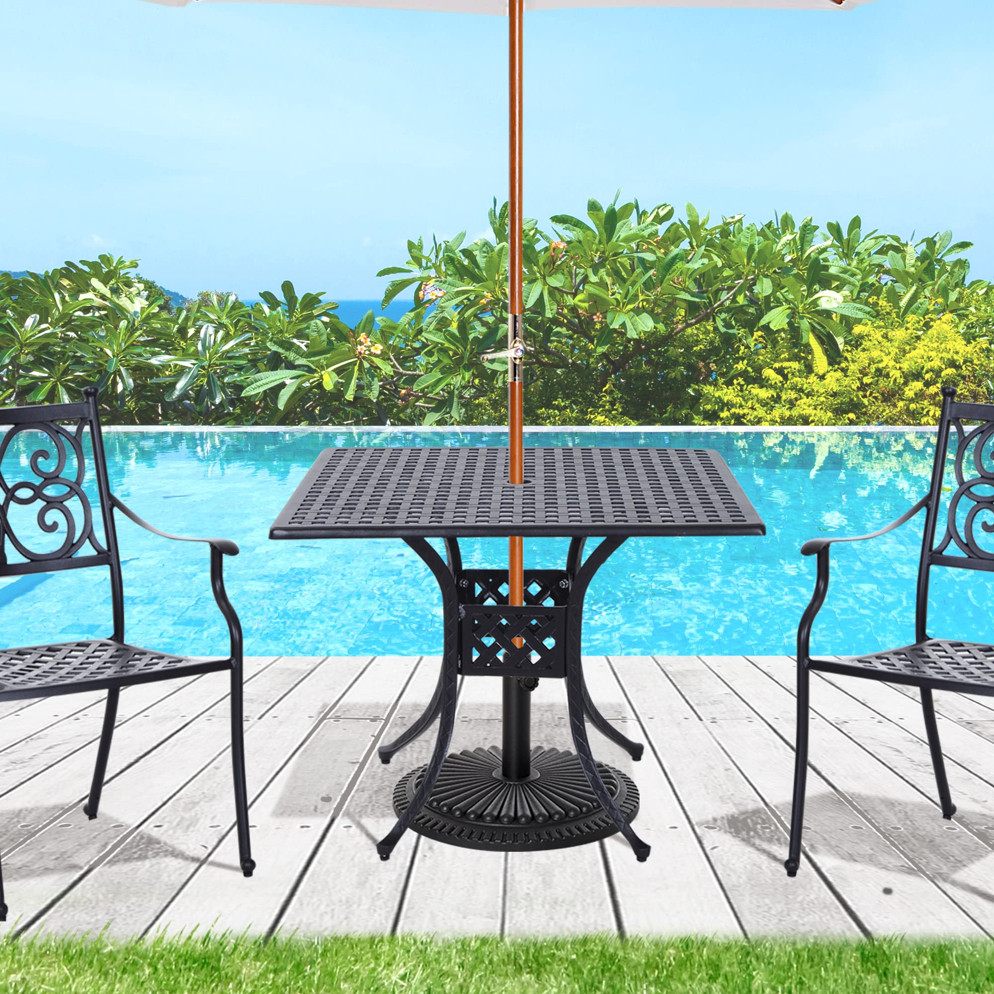 cheap 6 piece patio set with umbrella PHI VILLA Black 6-Piece Metal Patio Outdoor Dining Set with Blue Folding Reclining Sling Chairs and Navy Blue Umbrella