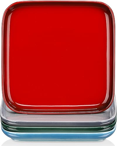 LOVECASA Juego de 4 platos llanos rojos, platos cuadrados para ensalada de postre, platos de gres de 10 pulgadas, aptos para lavavajillas, horno y