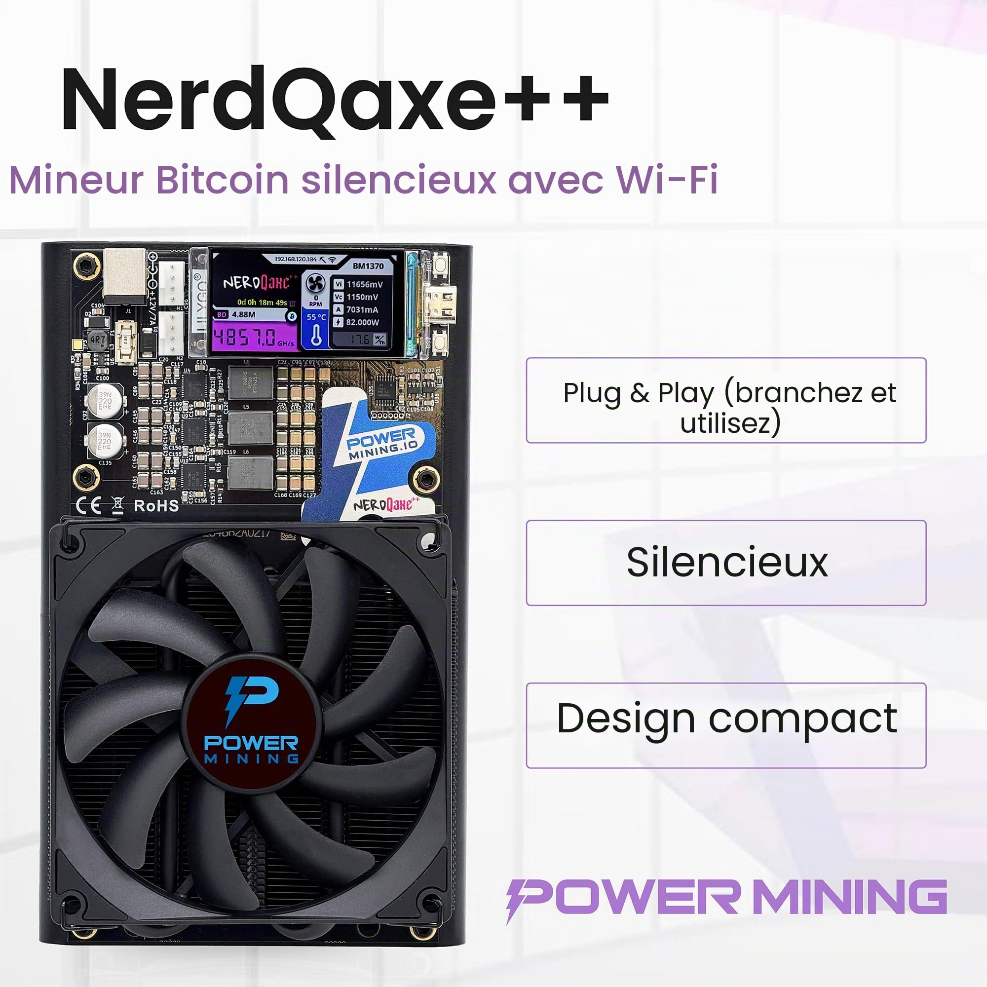 NerdQaxe++ Silent Bitcoin Miner – 6 TH/s @ 100 W | 4 puces BM1370 | Refroidissement à Faible Bruit | Wi-FI et LAN 2,4 G | AxeOS Open Source | Comprend Alimentation 12,4V 10A et Support en métal