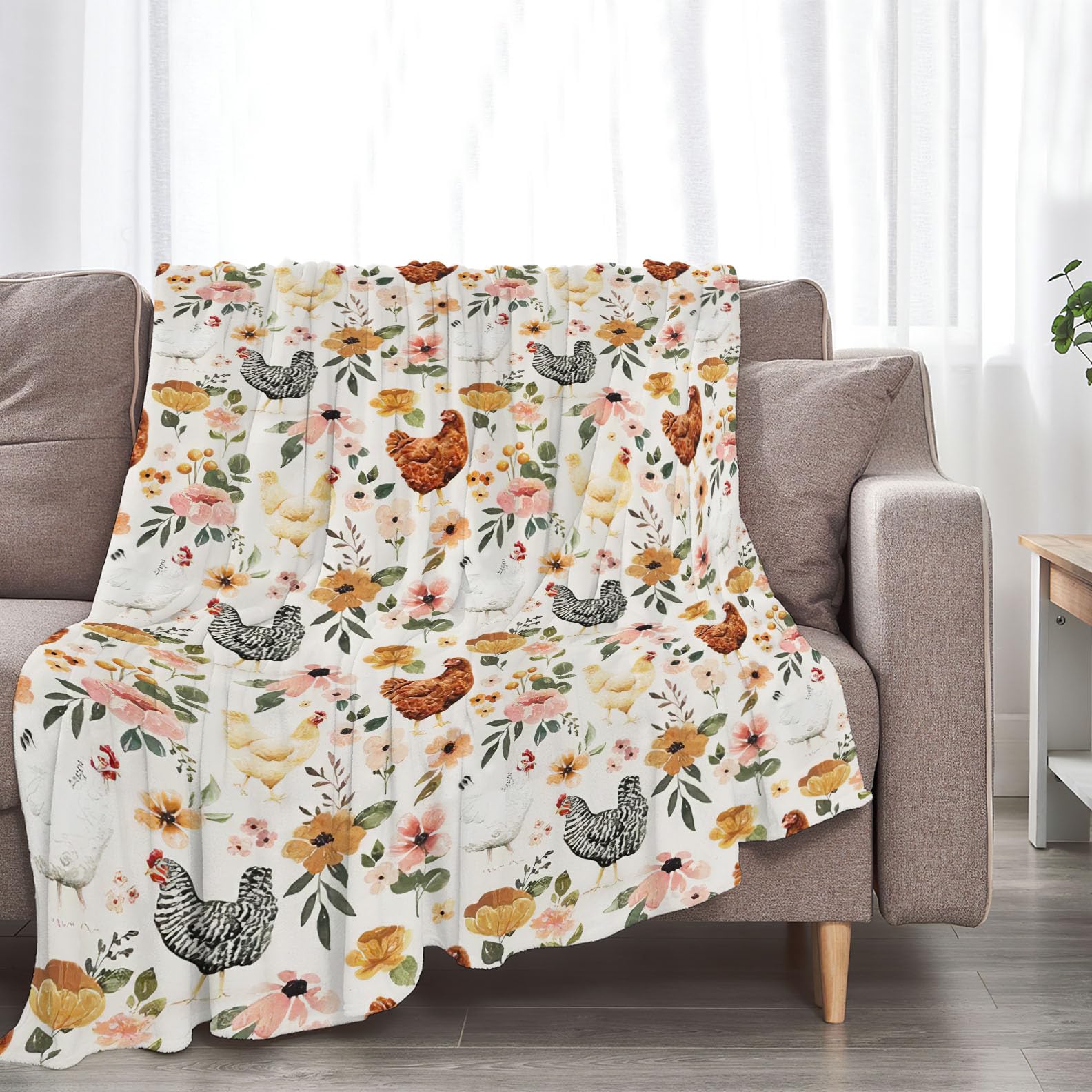 Chicken Floral Blanket Rooster Hen Printed Decor Throw Blanket Warm Soft Plush Lightweight Fleece Flannel Winter Blanket Farm Gifts for Girls Women Farmer Lover Boys Baby Kids Couch Bedding 40