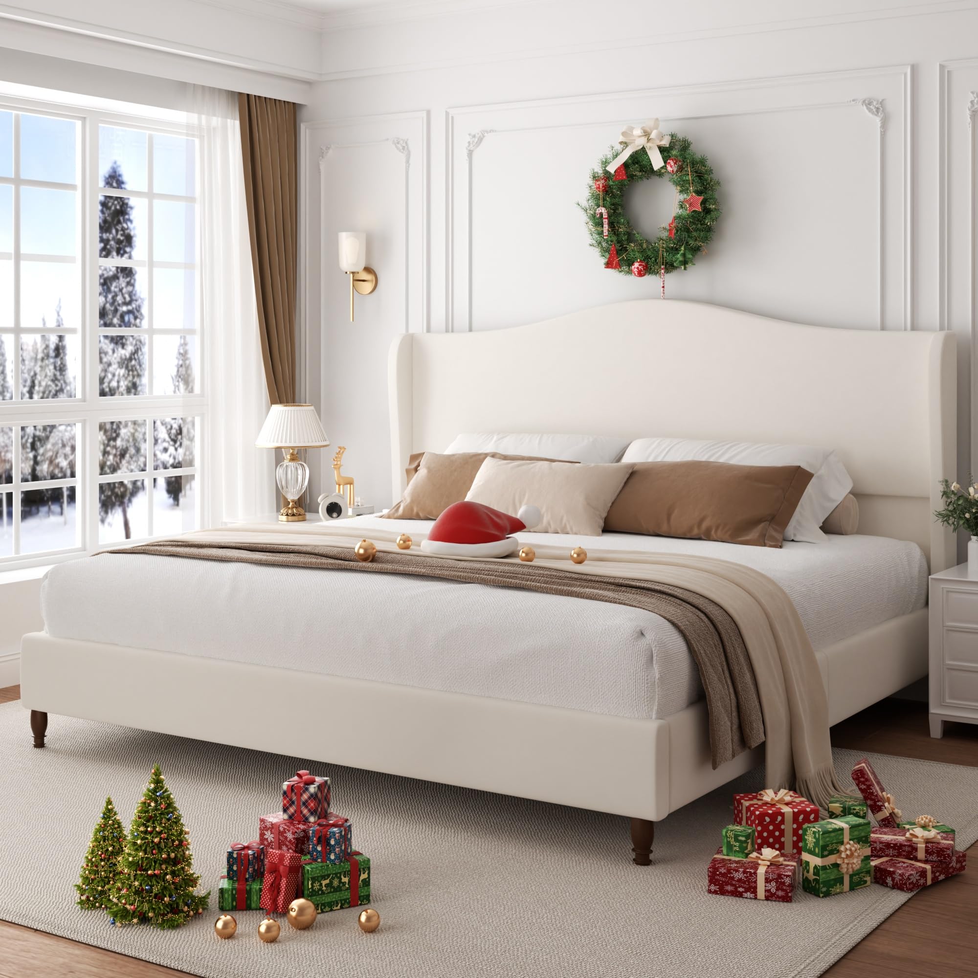 Konprosp King Size Bed Frame with 51" Tall Headboard, Chenille Upholstered Platform Bed Frames with Classic Curved Wingback & Retro Wood Legs, No Box