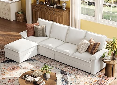 LINSY HOME Sofá modular Cloud de 113 pulgadas, sofá modular en forma de L con cojines de doble capa y otomano, juego de sofá de felpilla de 4 plazas