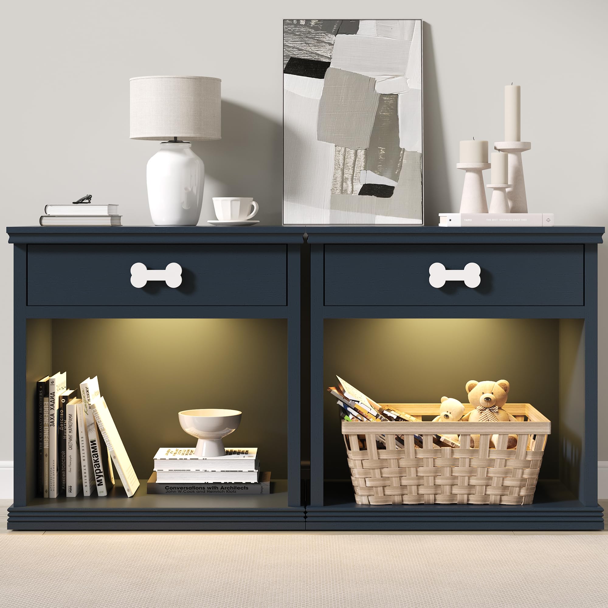 RoyalCraft LED Sideboard Set of 2, Multi-Functional Night Stand with Drawer and Open Shelf Storage, Wooden Side End Table, Bedside Cabinet for Bedroom, Living Room, Closet,Office?Blue