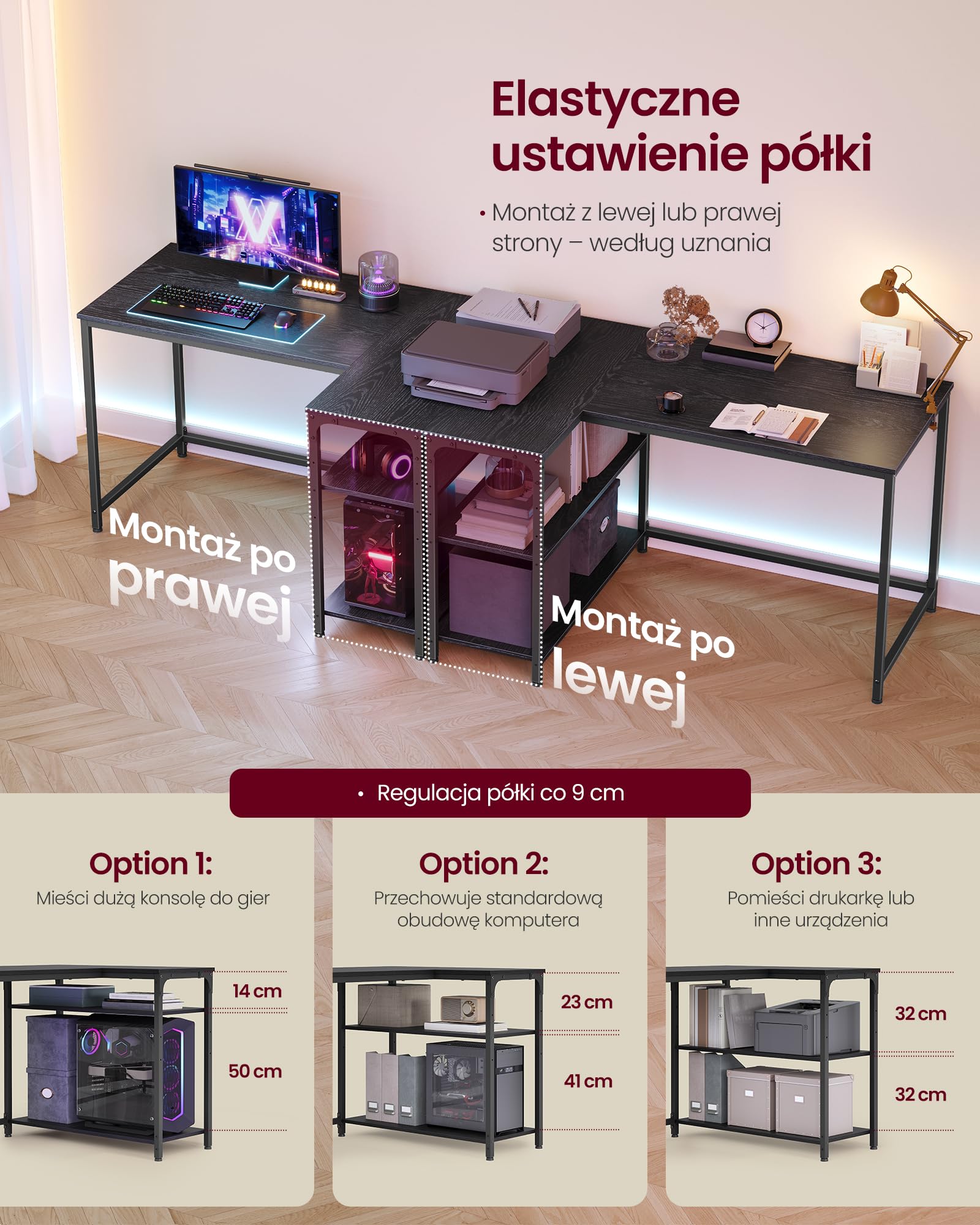VASAGLE Biurko narożne w kształcie litery L, biurko komputerowe z miejscem do przechowywania, dwustronne półki z regulacją wysokości, do domowego biura, 110 x 80 cm, hebanowe czarne LWD135BE01