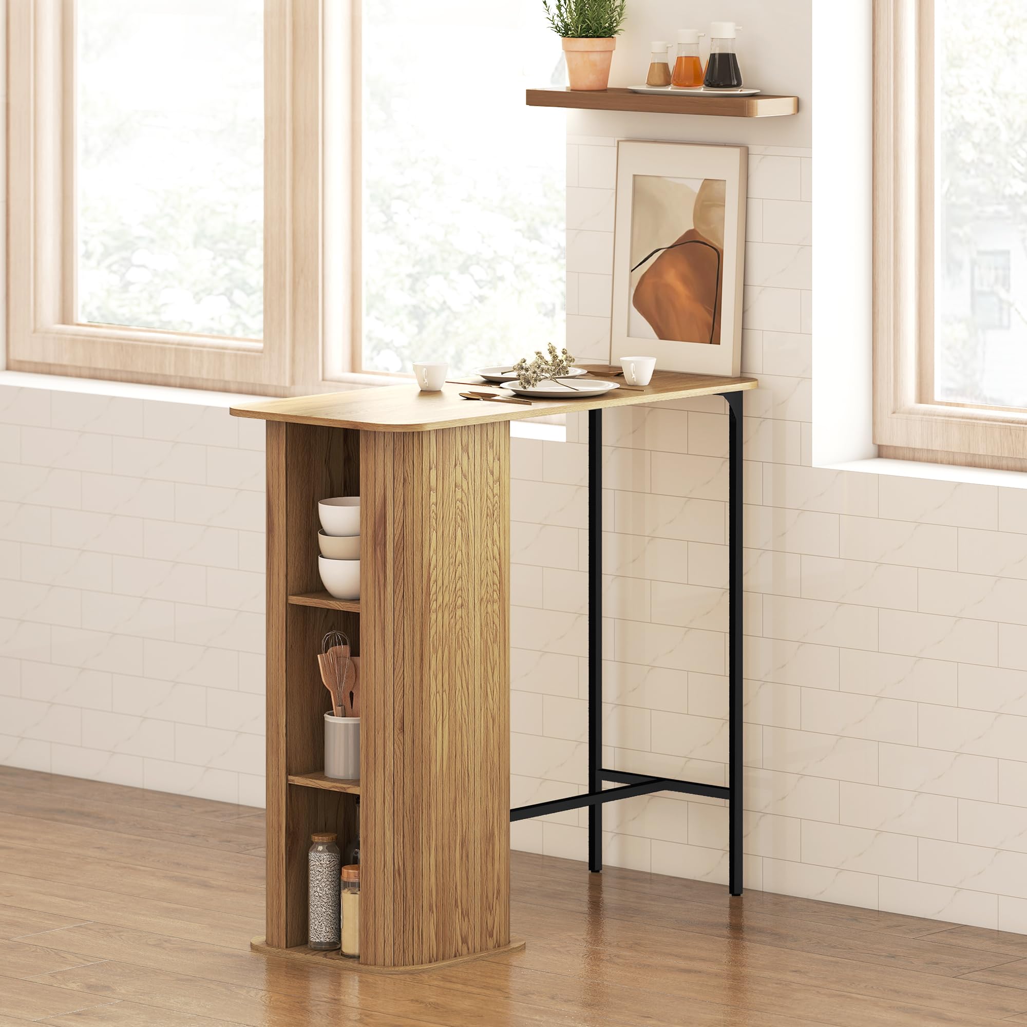 HOMCOM Table de Bar avec 3 étagères, Table Haute Mange Debout pour 2 Personnes, Style scandinave, Design à Lattes et Pieds en métal, pour Petits espaces, Cuisine, Salon, 112x50x106cm, Bois Naturel