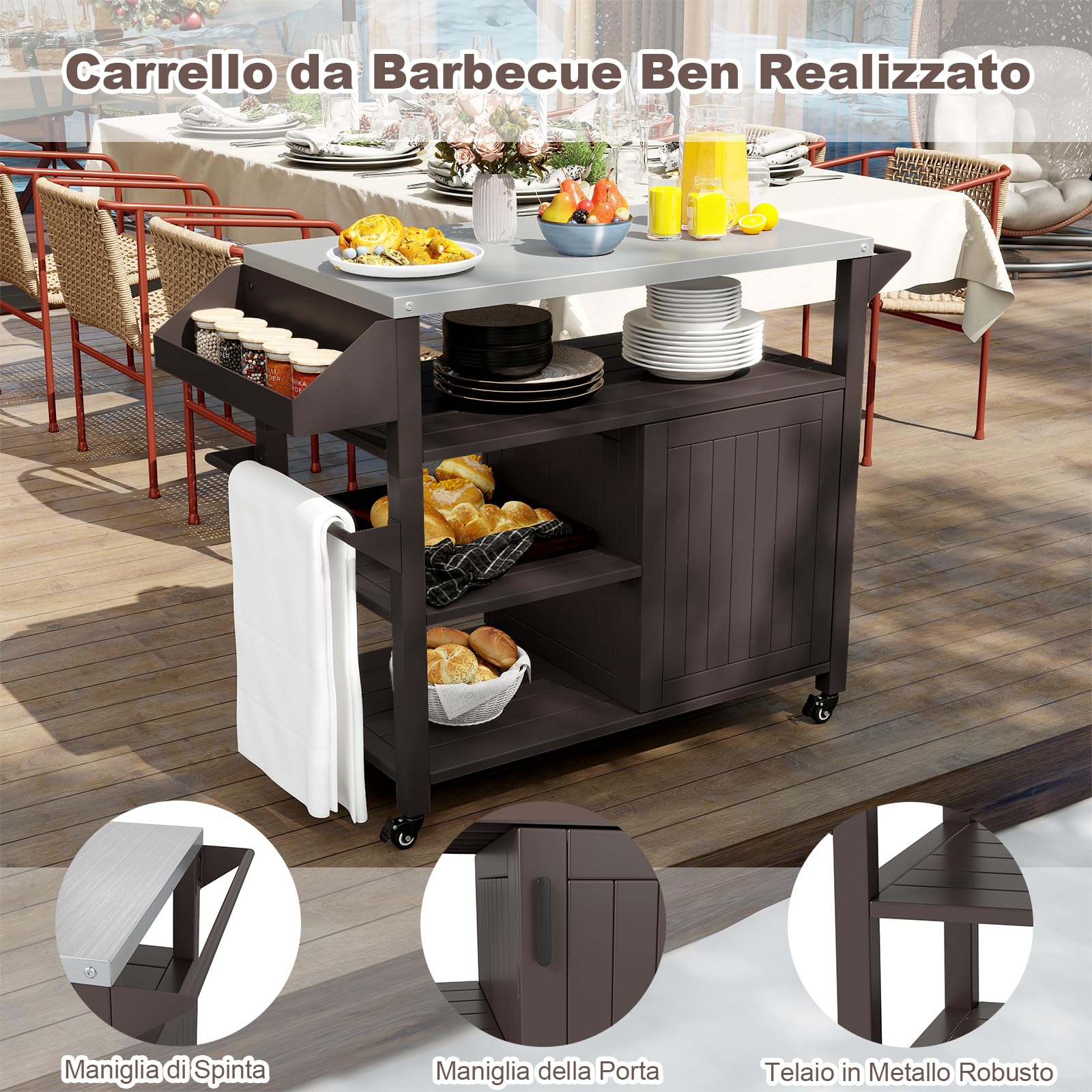 COSTWAY Carrello per Barbecue, Mobile Servizio da Esterno in Acciaio, Isola Cucina per Forno con Ruote Bloccabili, 2 Piani, Armadietto, Portaspezie e Portasacchi, 109 x 45 x 89 cm (Stile 2)