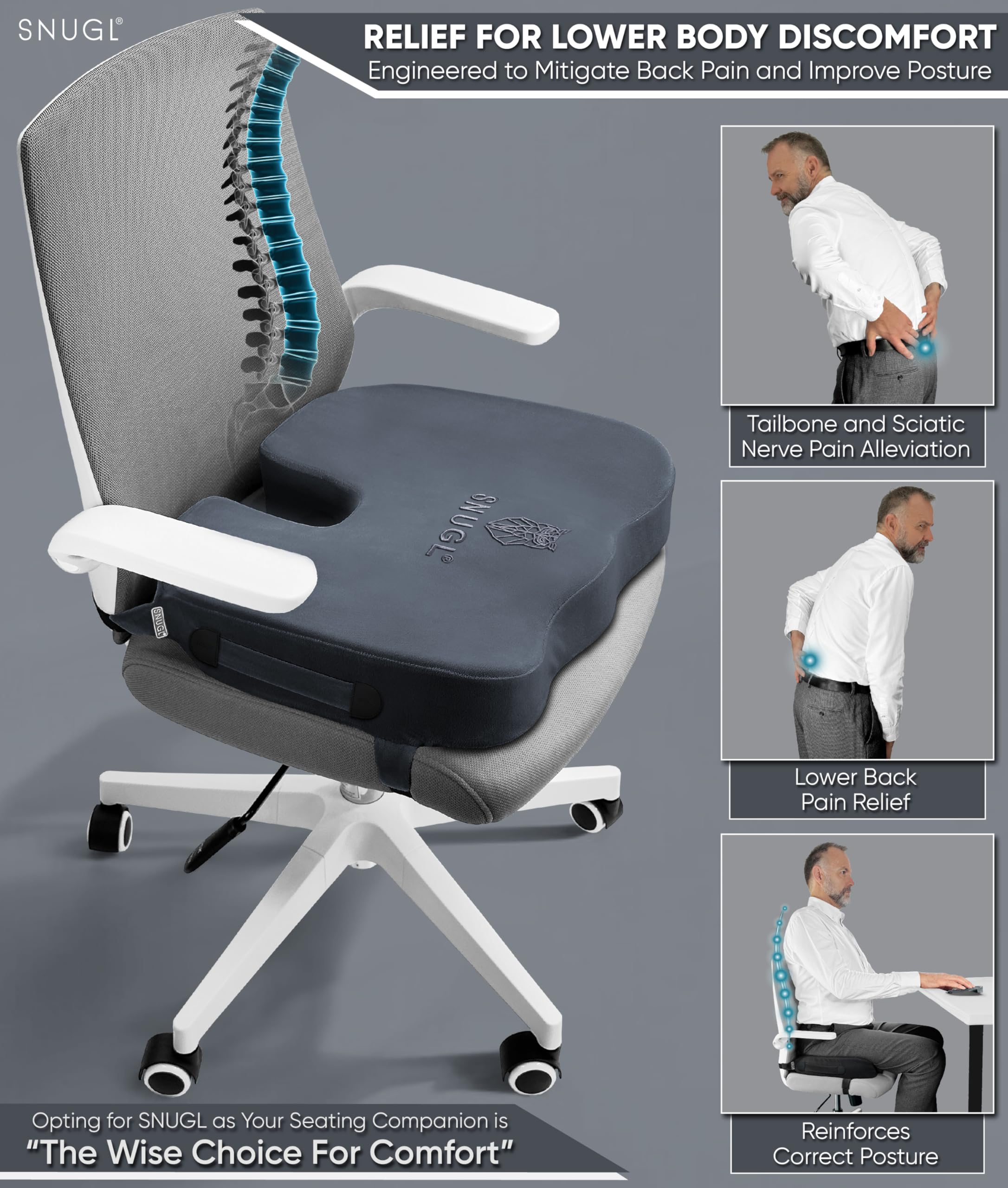 SNUGL Coccyx Seat Cushion Orthopedic Memory Foam Pillow for Desk Chair, Gaming, Wheelchair, Car Seat, Postpartum & Pregnancy, Hemorrhoids Treatment, Ergonomic Office Chair Back Support - Image 4