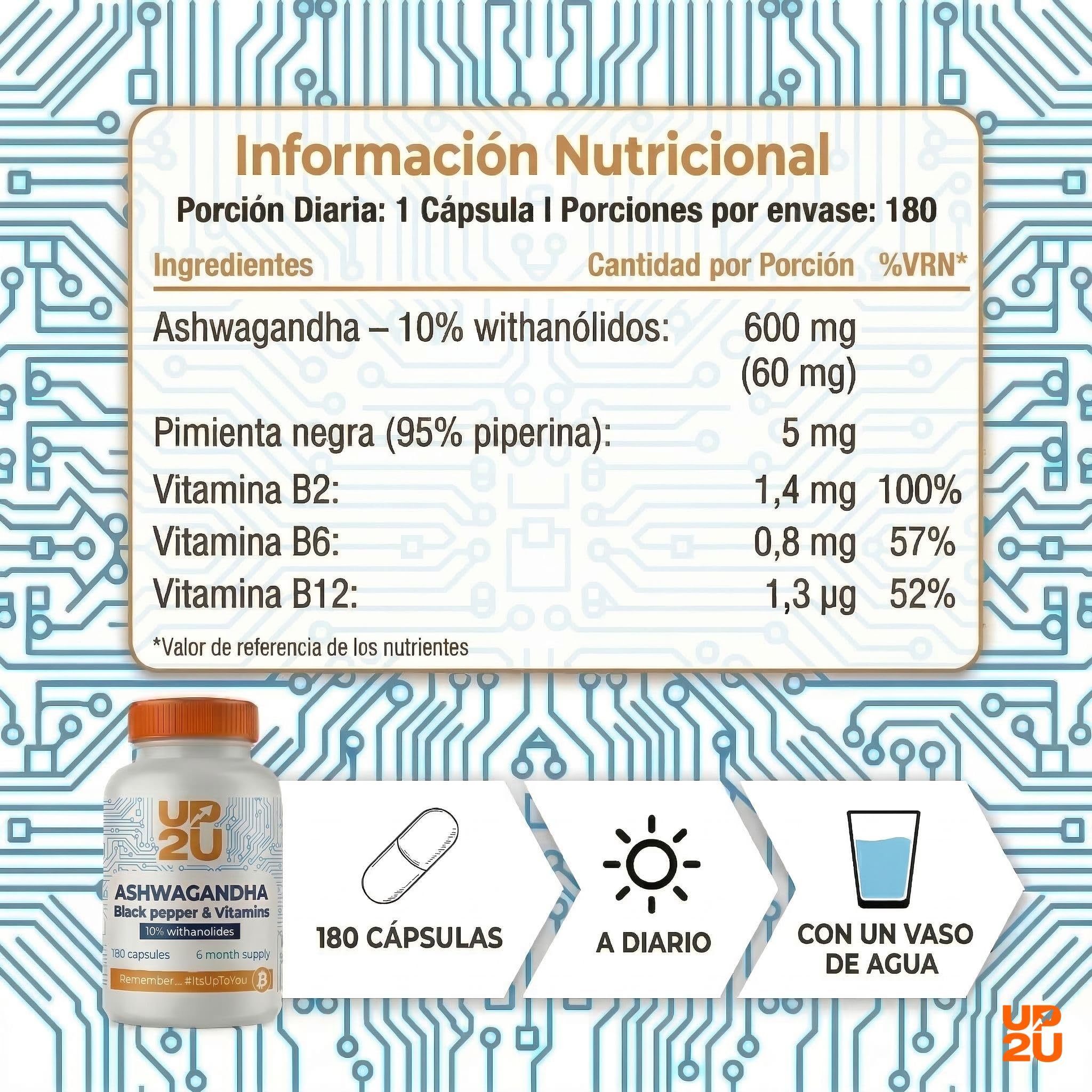 Ashwagandha Alta Potencia 600 mg: 10% Withanólidos con Pimienta Negra y Vitaminas B | 2x Más Concentrado que KSM-66 | Estrés, Energía, Concentración y Sueño | 180 Cápsulas | 6 Meses