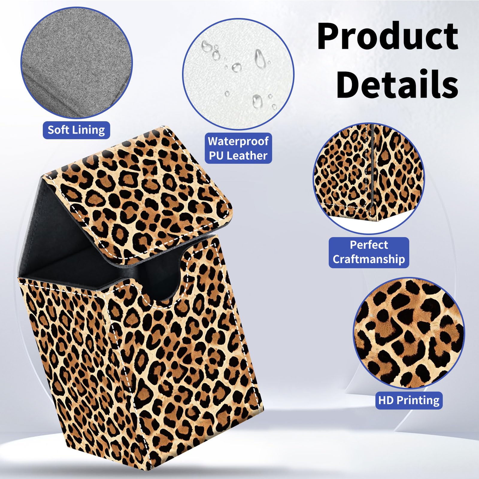 Qindaiwen Card Deck Box for Trading Cards, MTG Deck Box Fits 100+ Single Sleeved Cards, PU Leather Strong Magnet Card Deck Case Holder for Magic Commander TCG CCG, Leopard Print 04