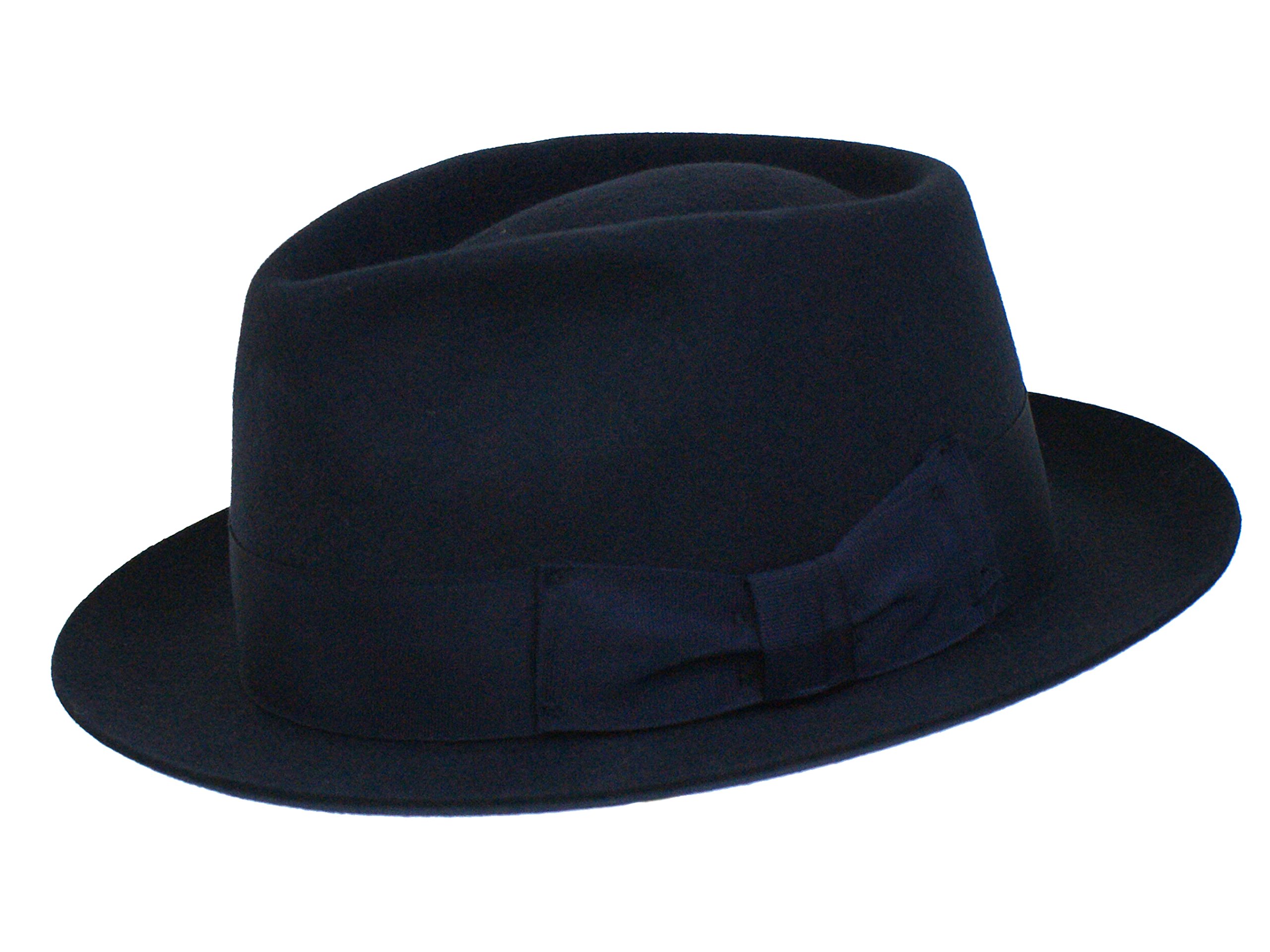 Dh Men's Navy Gents 100% Wool Hand Made Blue Manhattan Felt Fedora Trilby Hat With Wide Band (Medium)