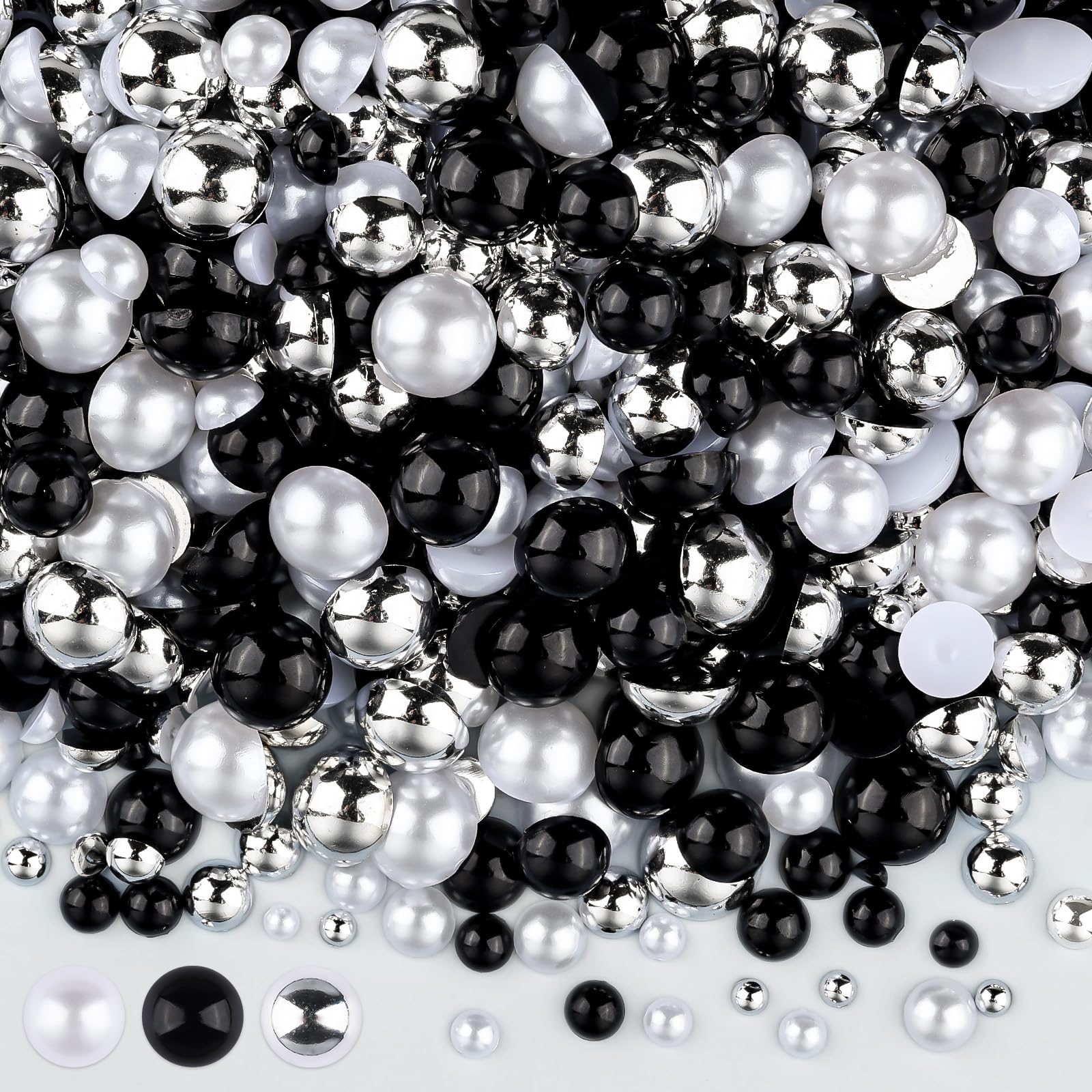 sinyanail100g Flatback Pearls for Crafts,Assorted Sizes Half Round Pearl Beads Rhinestones for Nails,Pearl Flatback Resin Cabochons Beads for DIY Crafts Decoration (Black White Series)