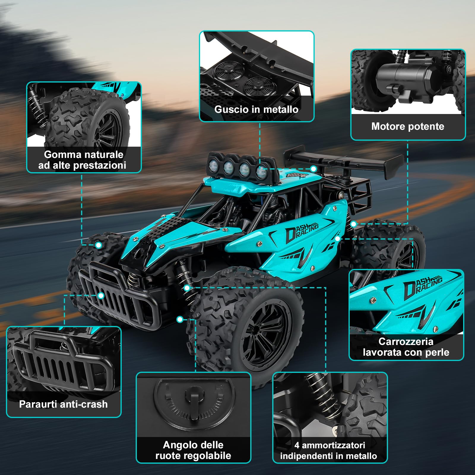 Joellfuner Macchina Telecomandata per Bambini, 2.4Ghz 1:16 Macchina Radiocomandata con Luce LED Quattro Colori, 20KM/H Monster Truck Telecomandato con marce alte e basse per bambini 3+ anni (Ciano)