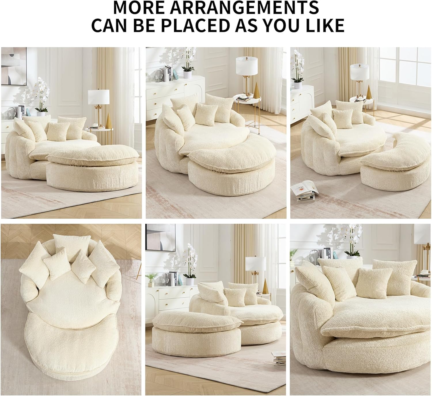 Round Oversized Lounge Chair with Ottoman - Cloud Comfy Boneless Sofa Chair for Living Room Relaxation (Beige, Chair and Ottoman)