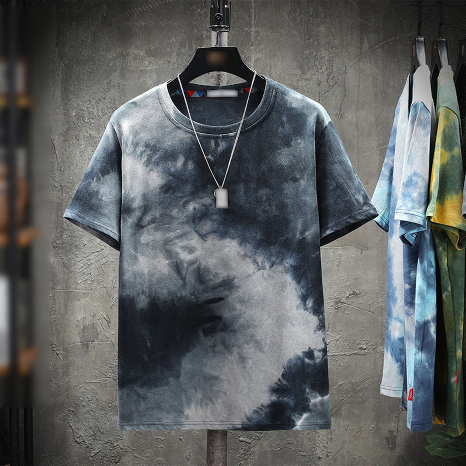 Hipster Crew Neck Tee Tie Dye Round Neck T-Shirt Casual Loose Print Short Sleeve Tops for Men (Navy Blue,X-Large)