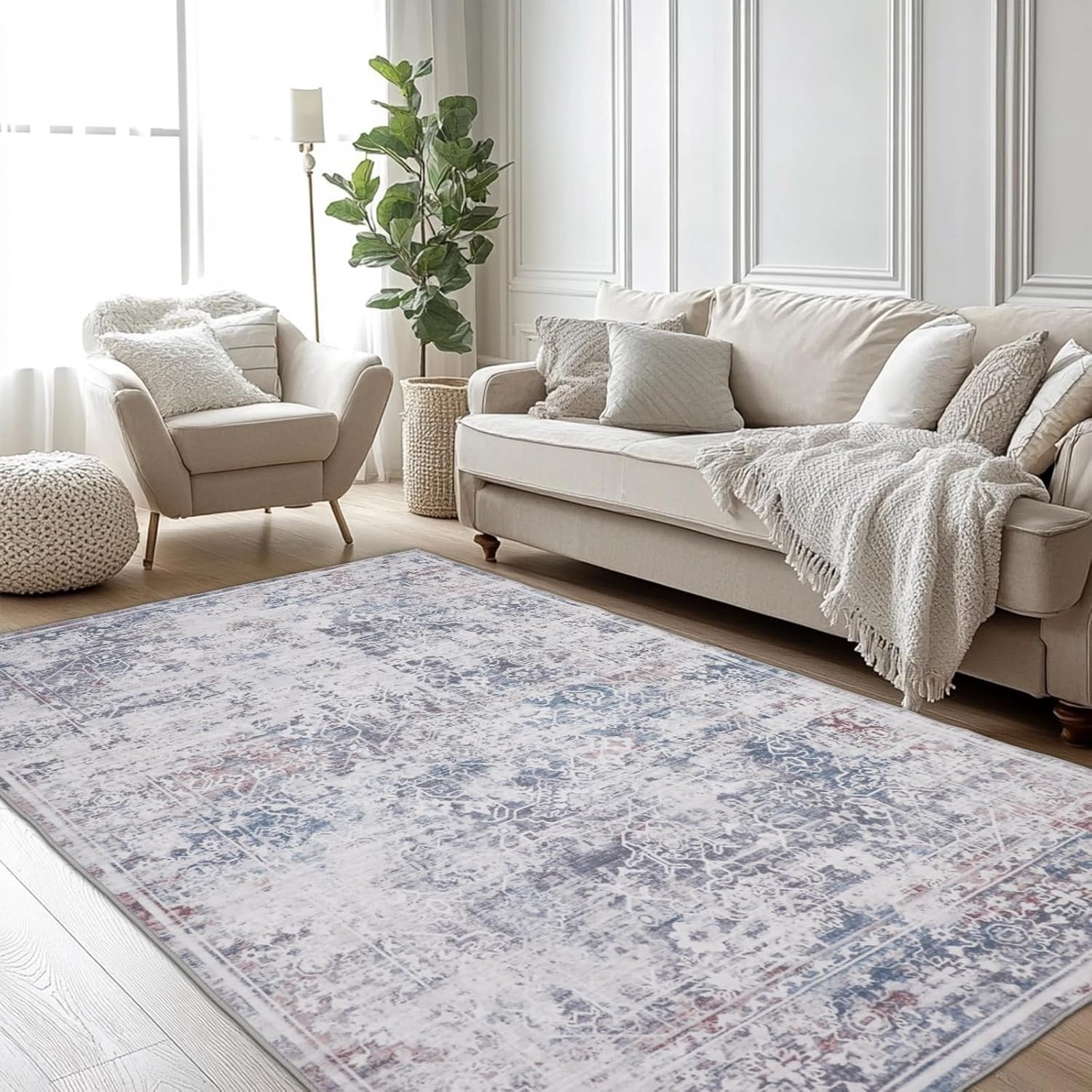 5X7 Area Rugs for Living Room-Washable Grey Vintage Large Indoor Rug,Non Slip Modern Ultra Soft Faux Wool Carpets for Bedroom Dining Room Bathroom Office