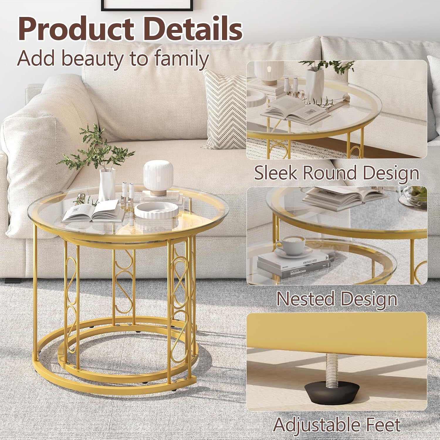 Garden 4 you Nesting Coffee Table, 23.6" Round Coffee Table Set of 2, Glass Nesting Table with Metal Frame, Ceter Tables for Living Room Bedroom Balcony, Gold