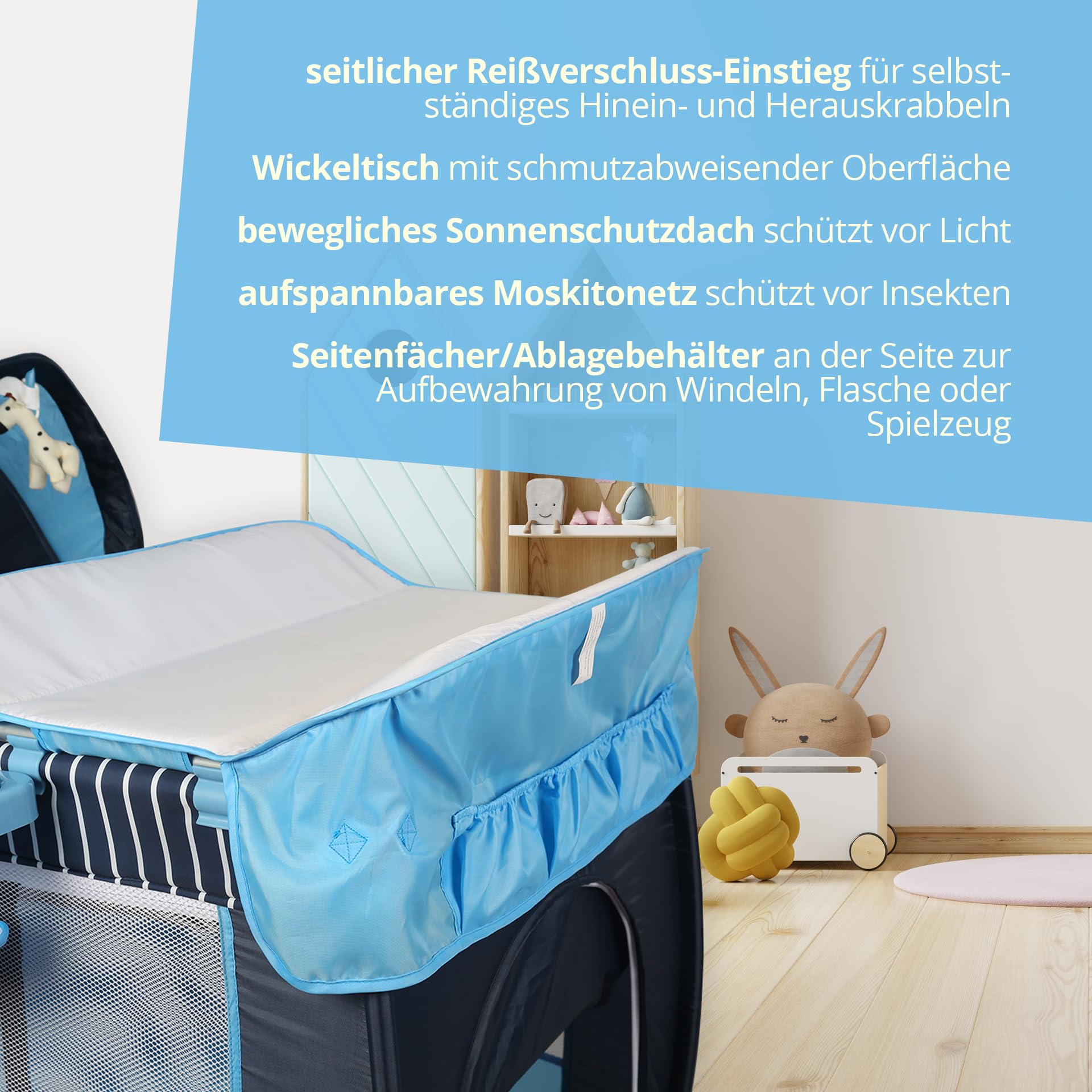 3-in-1 Baby-Reisebett mit Wickelauflage – Reisebett, Laufstall & Beistellbett, höhenverstellbar, Moskitonetz & Sonnendach, faltbar inkl. Tragetasche (Beige)