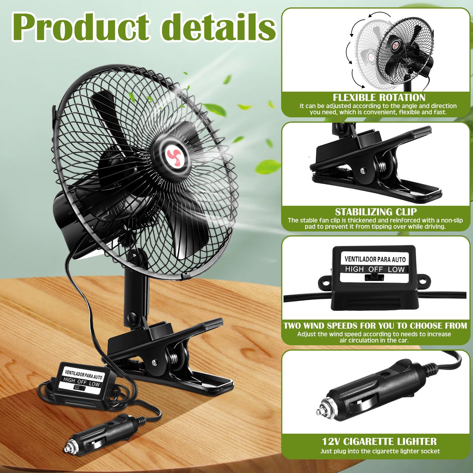 Amazon.com: Tujoe 2 Pcs Portable Car Fan with Car Cigarette Lighter  Electric Cooling 12 Volt Oscillating Fan 12 Volt Fan Automobile Vehicle 360  Degree Swivel Fan with Clip for Car Truck Supplies,