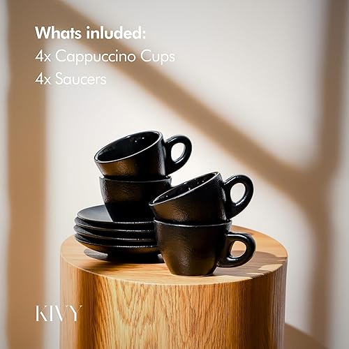 Miniatura 5 de KIVY Juego de 4 tazas de capuchino 6 onzas - Juego de tazas de capuchino de gres de pared gruesa para arte con leche - Tazas de café con leche -