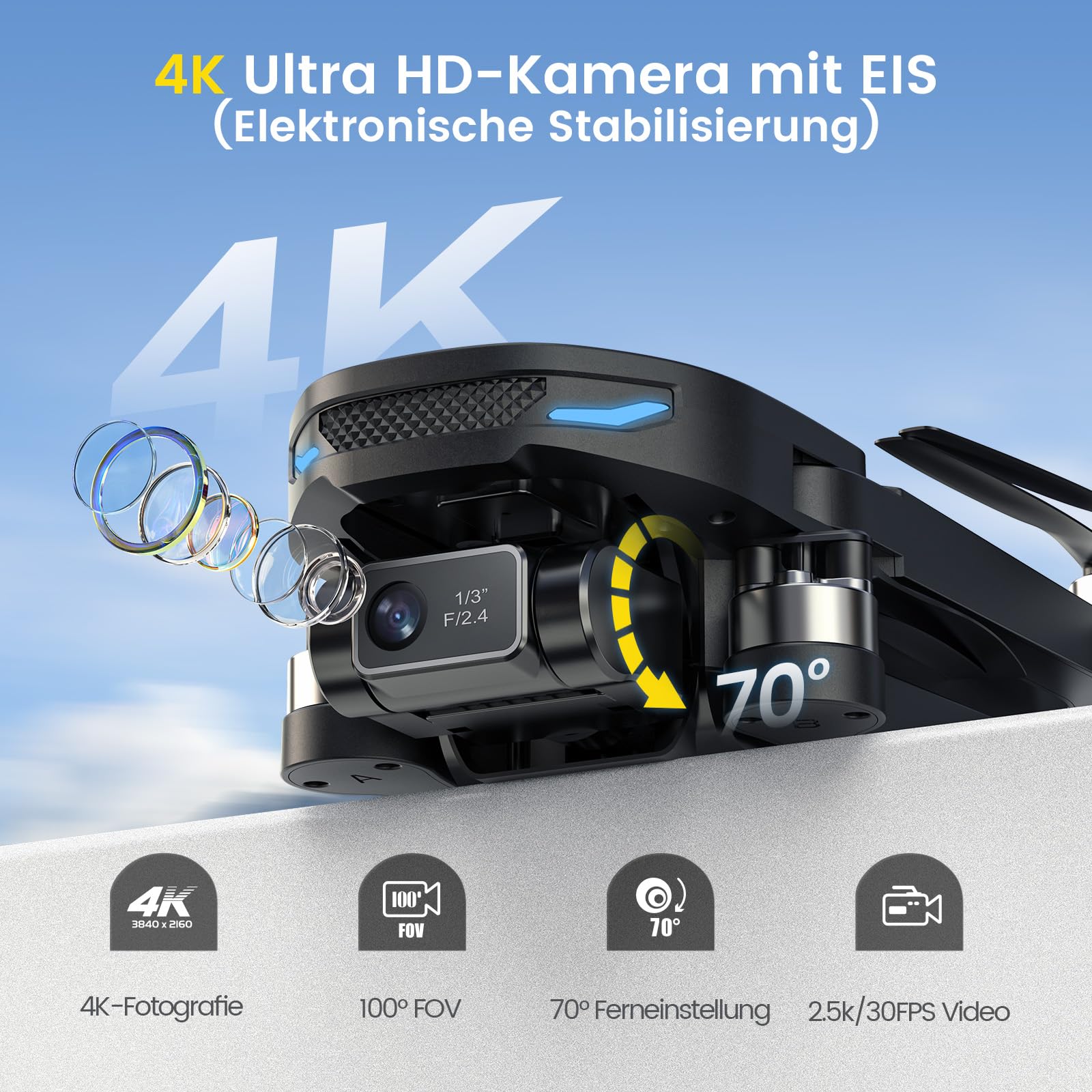 DEERC EIS 4K Kamera Drohne mit 2 Achsen Gimbal für Erwachsene, D65 RC Drohnen unter 249g, GPS Follow Me, 26 Min. Lange Flugzeit, 5G Bildübertragung, Smart Rückkehr, profi komplettset für Anfänger,C0