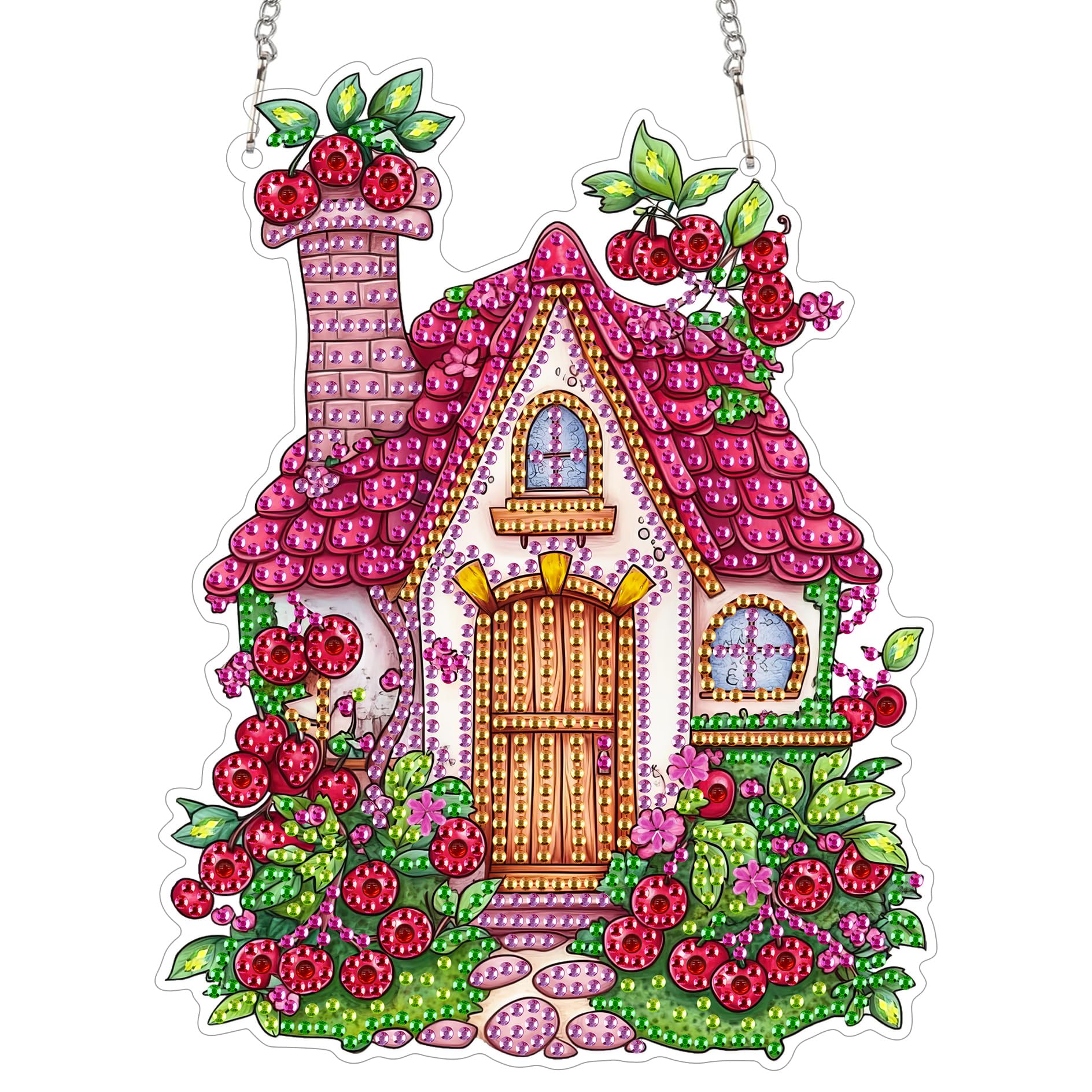 Bimkole Hanging Diamond Art House, 5D Diamonds Painting Pendant for Adults Diamond Painting Kits Cherry, DIY Crystal Art Hanging Sign Acrylic Hanging Home Wall Decor 20x20 cm
