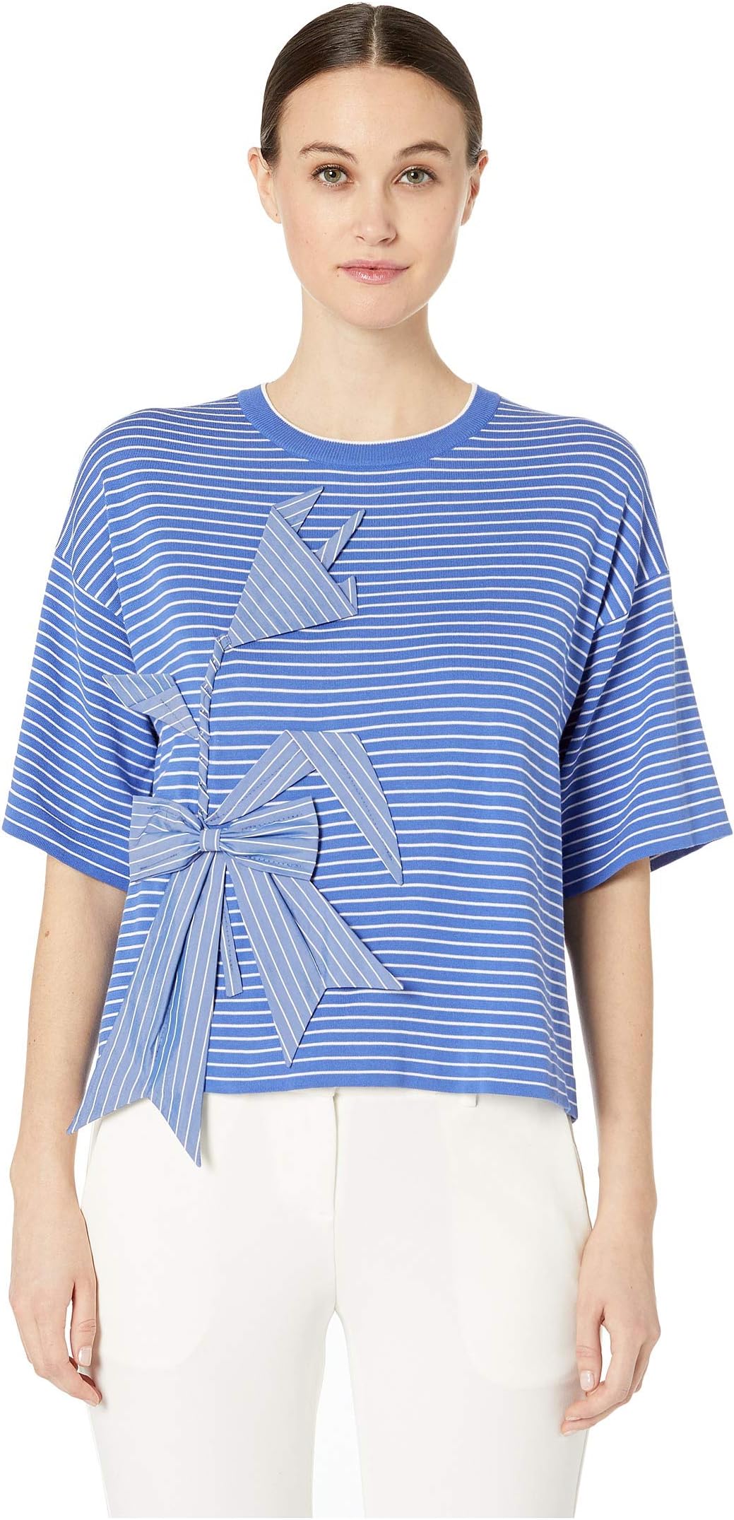 Short Sleeve Applique Striped Crew Neck Sweater