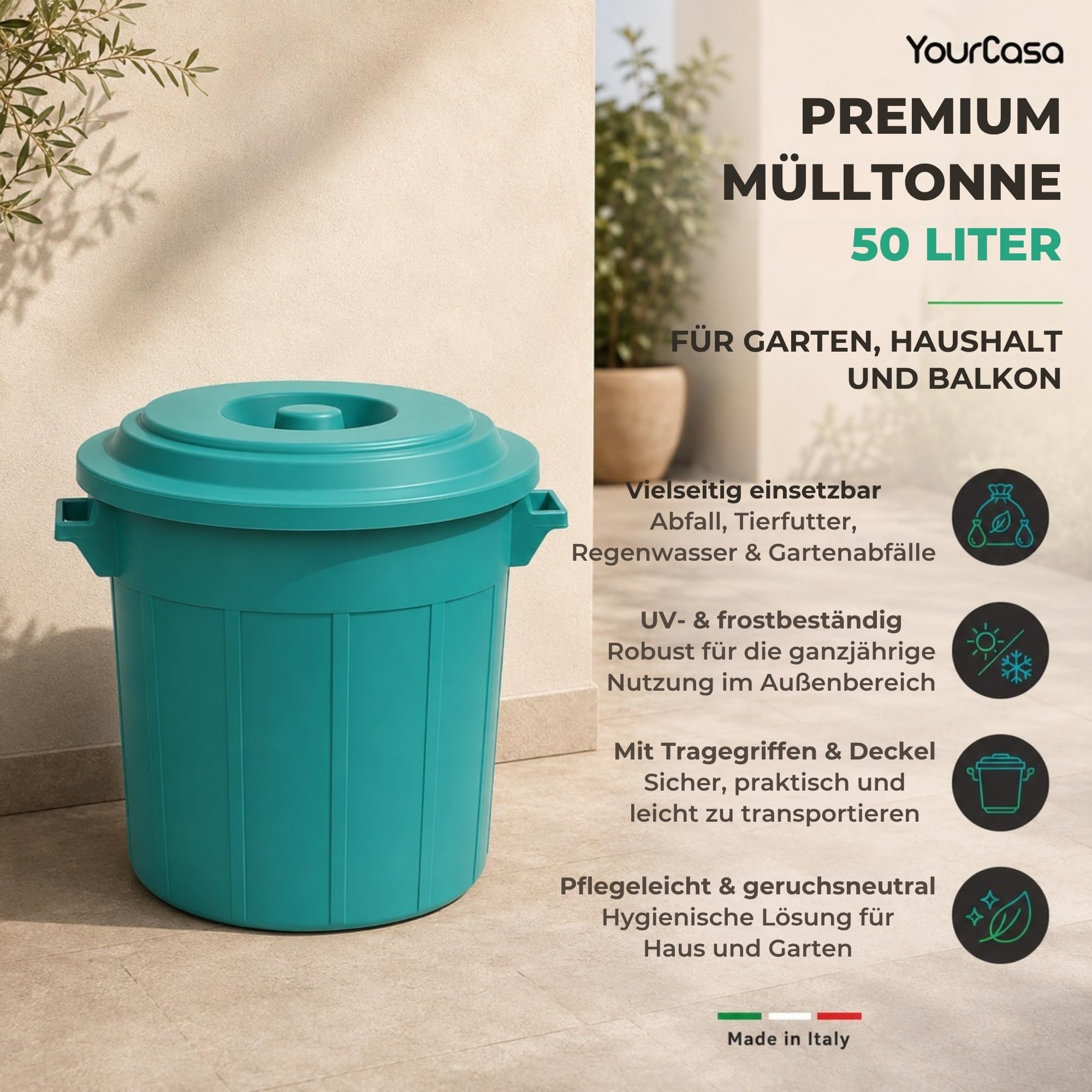 YourCasa Pojemnik na śmieci 2 x 50 l – kosz na śmieci z pokrywką – pojemnik z uchwytami do przenoszenia do ogrodu – pojemnik na pokarm lub deszczówkę, mały pojemnik na wodę – mały uniwersalny pojemnik