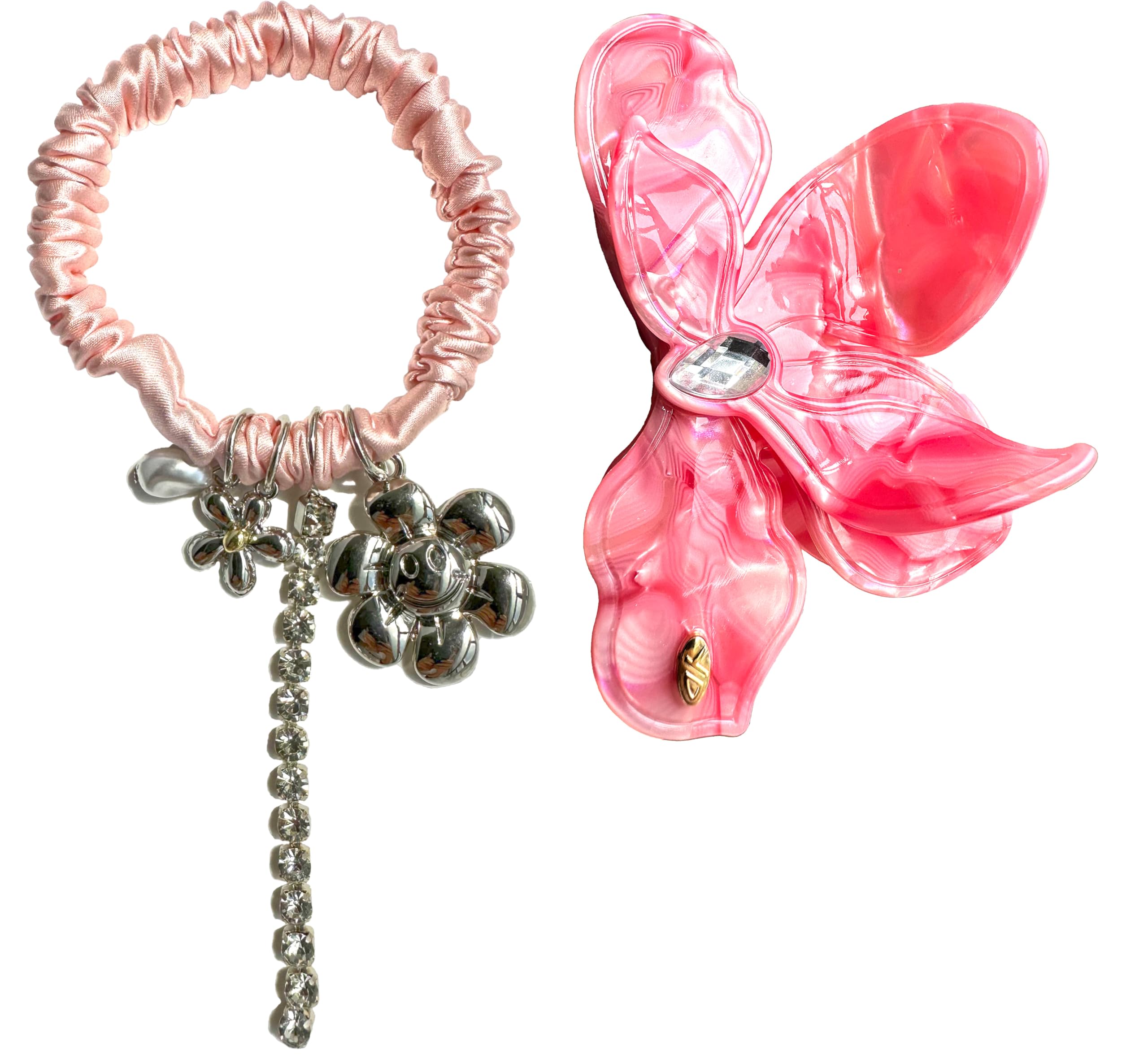 Flower Hair Claw Clip and 100% Mulberry Mini Silk Skinny Scrunchies Set Acetate Hair Clips Ideal For Women and Girls (Pink)