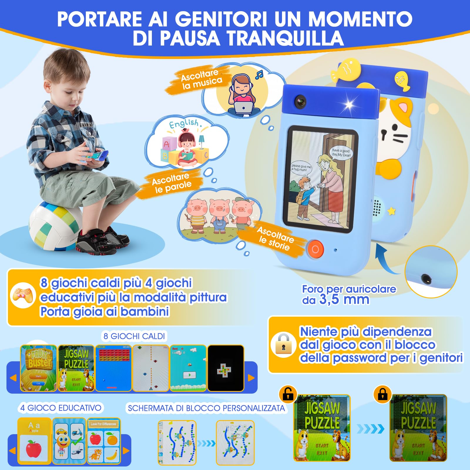 Telefono Per Bambini, ZUEOKAI Macchina Fotografica Bambini Touchscreen, 180° Obiettivo, Video 1080P con Custodia Silicone, Regali di Natale e Compleanno per Bambini, Regalo Bambina 3 4 5 6 7 8 Anni
