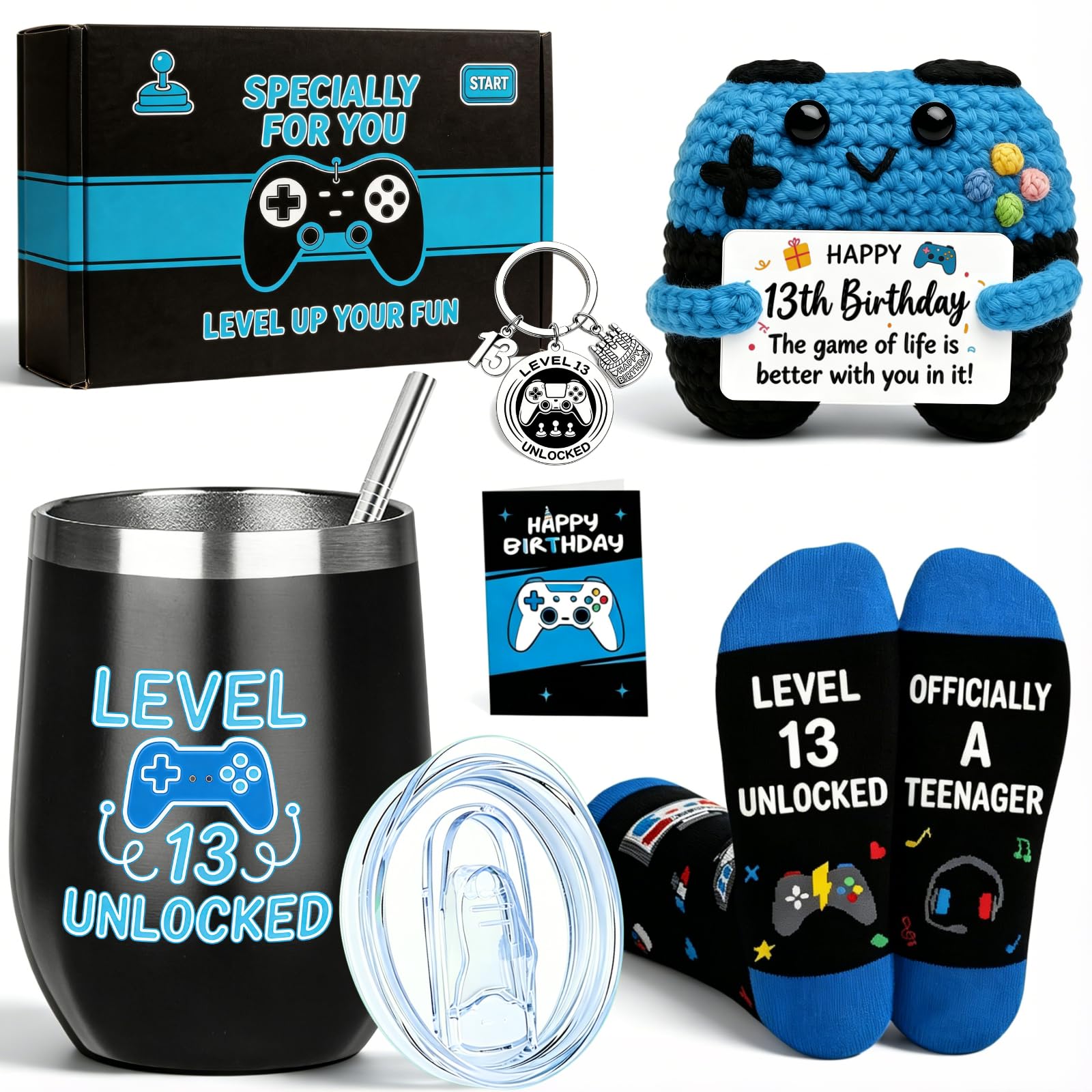 Obmyllax 13 Year Old Gifts for Boys, Unique Birthday Gift Set for 13th Boys, Cool Gamer Gift Set with Tumbler Crochet Plush Socks Keychain, Present for Son Grandson Nephew Friend Video Game Lovers — image 1