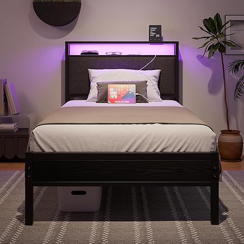 Miniatura 8 de Base de cama individual con estación de carga y luces LED, cabecera tapizada con estantes de almacenamiento, listones de metal resistentes, no