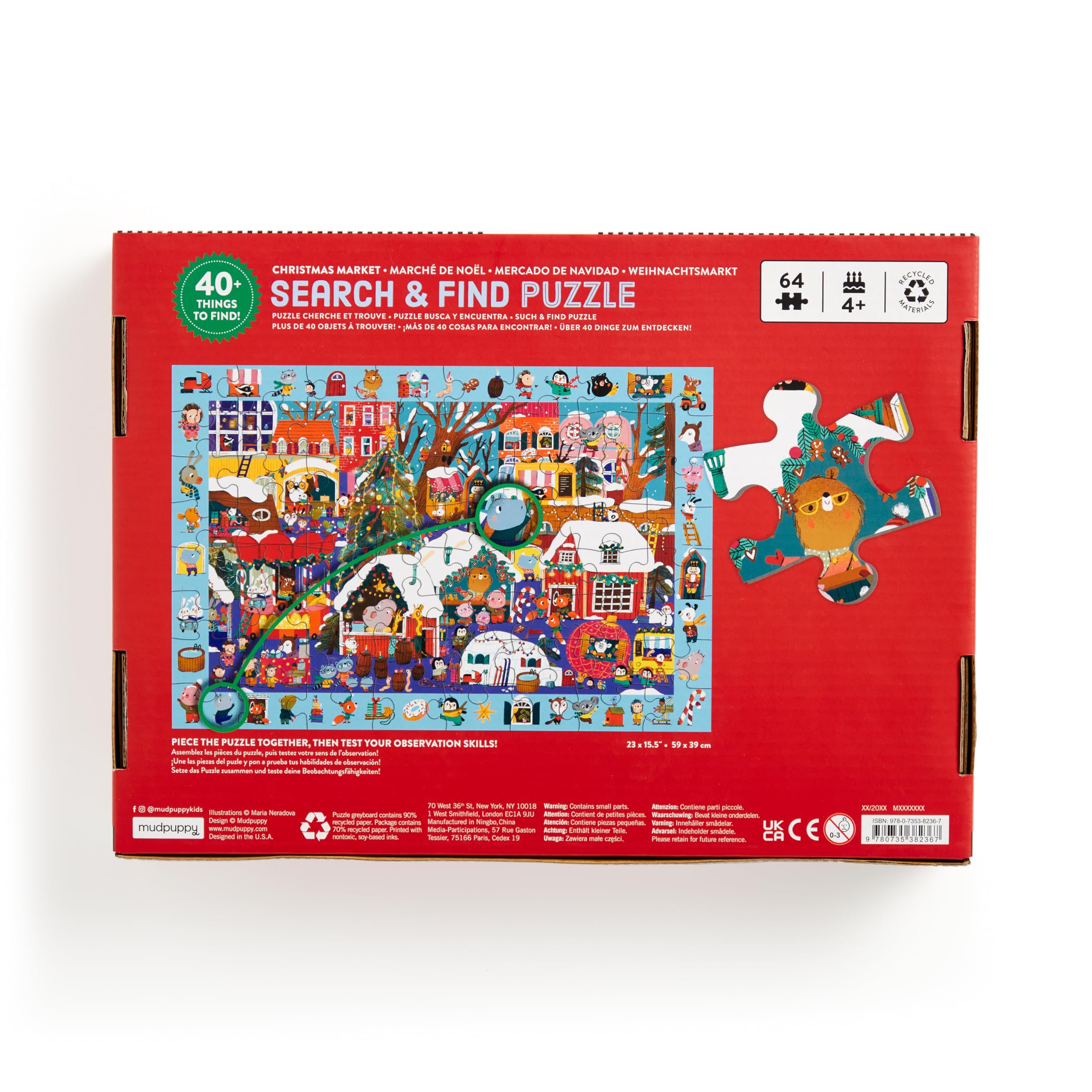 Mudpuppy Christmas Market - 64 Piece Search & Find Jigsaw Puzzle Featuring Festive Critters Shopping Around The Christmas Market and Over 40 Hidden Images to Find - Image 6
