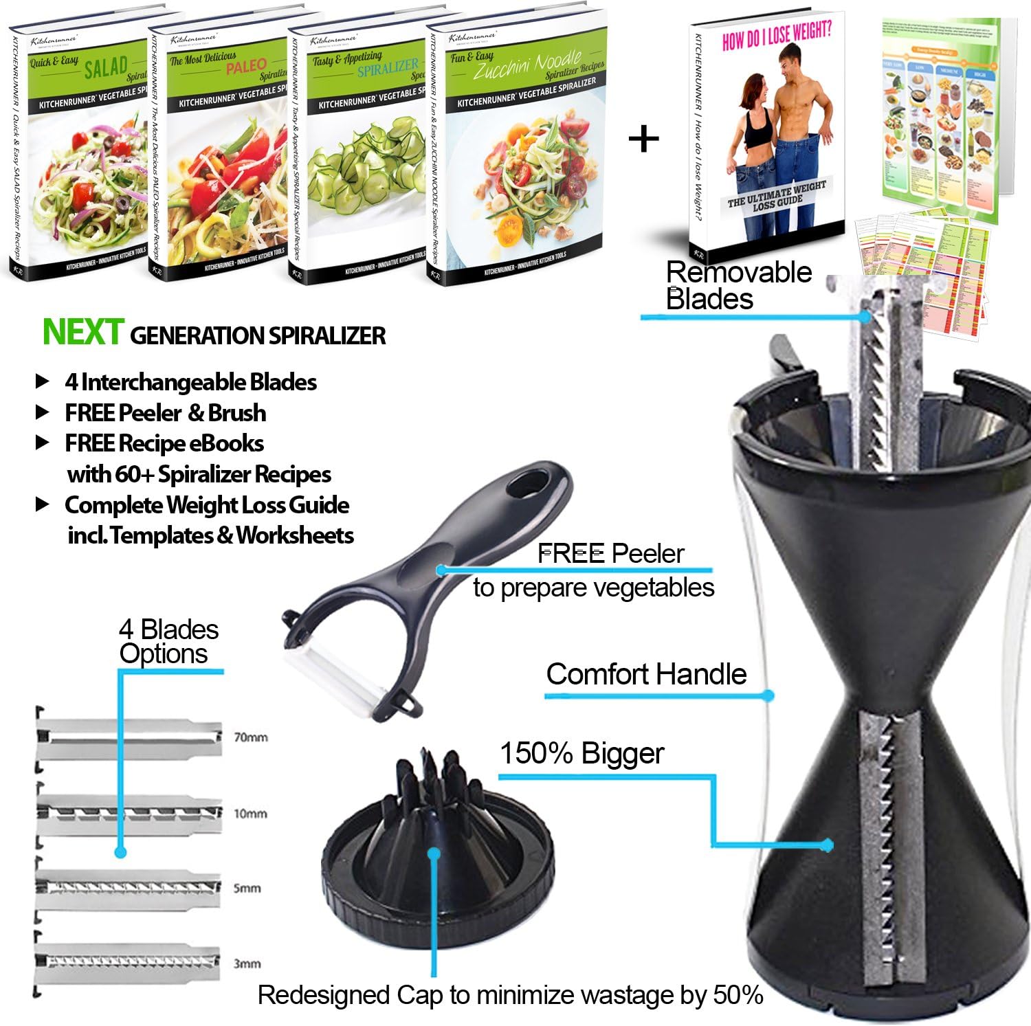 KR 4 Blade SPIRALIZER for Vegetable Spiral Slicer Bundle Stainless Steel Kitchen Carrot Zucchini Veggie Spaghetti Julienne Pasta Noodle Maker Machine & Peeler Brush Free Healthy Recipe eBook - Black