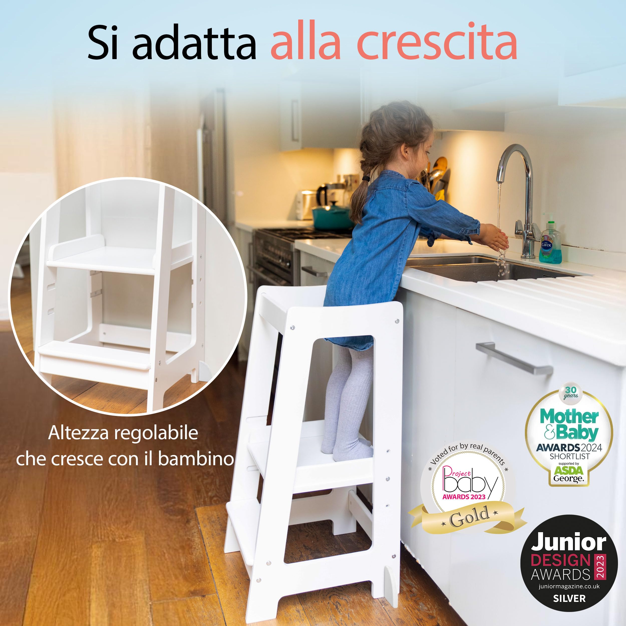 Stepup Baby Torre Montessoriana 3 Altezze Regolabili Torre di Apprendimento Ringhiera Sicurezza Bianco