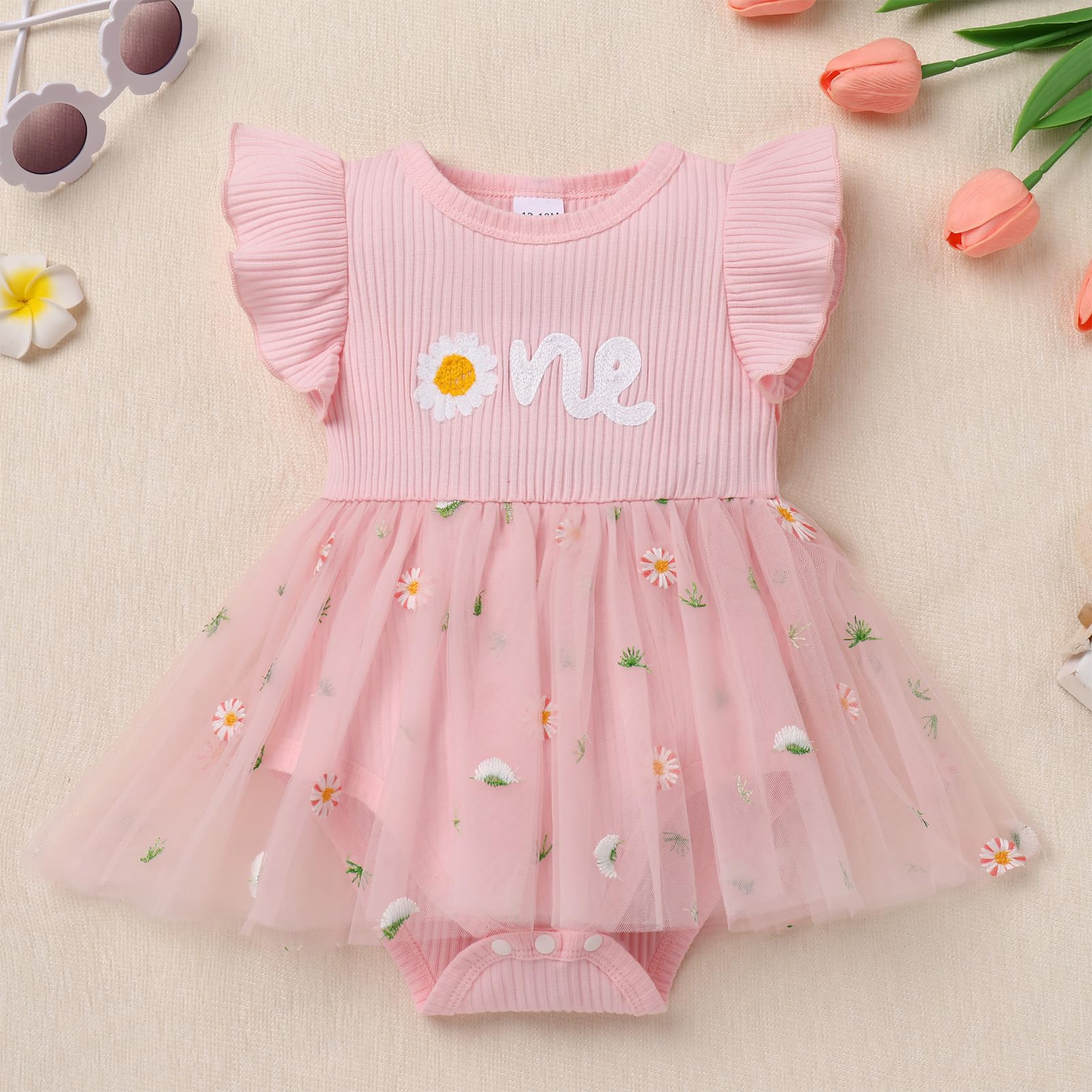 Odizli Vestito per bambine per il primo compleanno, con maniche svolazzanti, in maglia a costine, con tulle ricamato + fascia per capelli per servizio fotografico