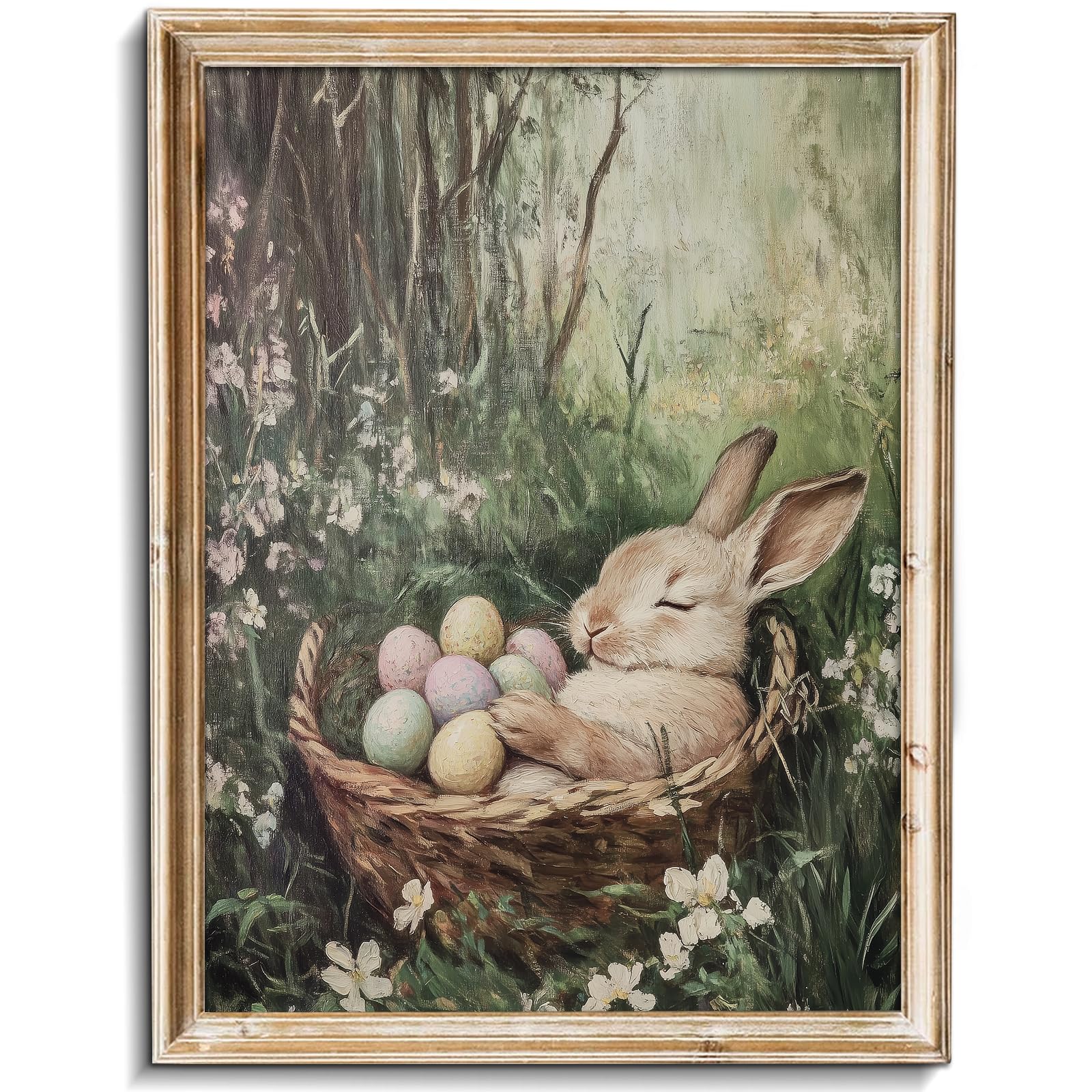 uniro Vintage Easter Rabbit Canvas Wall Art Print, Coloured Eggs and Bunny Painting, Farmhouse Home Decor for Bedroom Room Living Decor(8" x 10"-UNFRAMED)