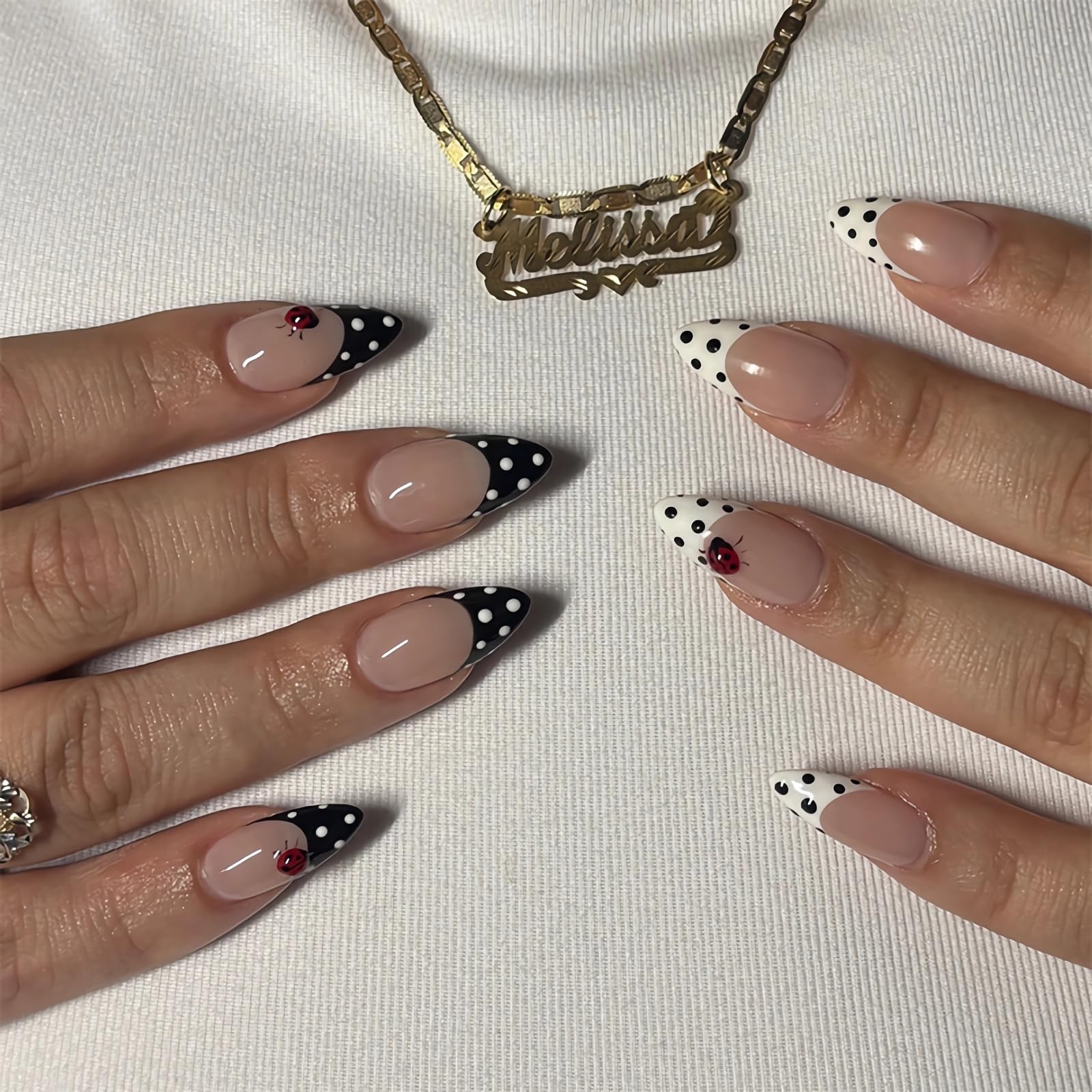 Polka Dot Press on Nails Almond Medium Fake Nails Black White French Tip Acrylic Glue on Ladybug Trendy Artificial Full Cover False Nails Cute 24Pcs
