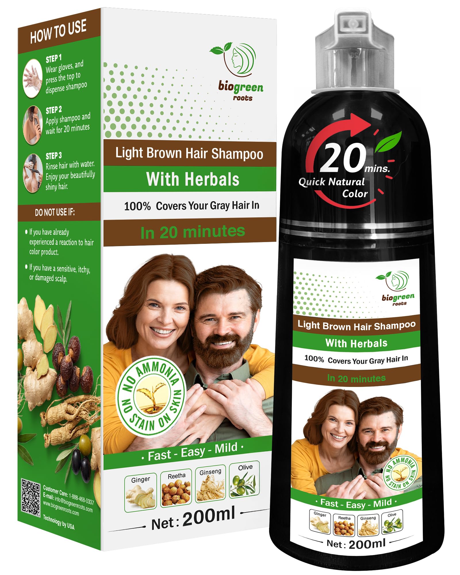 BIOGREEN ROOTS Ammonia-Free & Paraben-Free Herbal Hair Dye Shampoo for Women & Men – Gentle Natural Color Haircare Wash for Gray Coverage, Nourishing