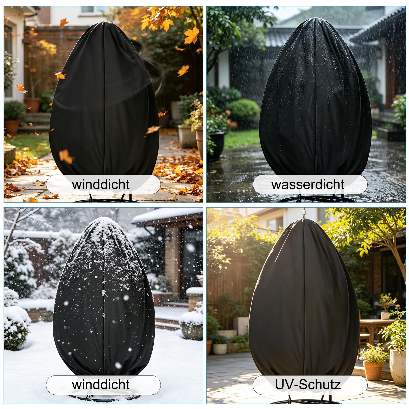 Hängesessel Abdeckung hängesessel Outdoor, 420D Oxford Abdeckung Gartenmöbel mit wasserdichtem Reißverschluss & Kordelzug, Winddichte Schutzhülle Hängestuhl für Eiersessel & Hängeliege, 190x115cm
