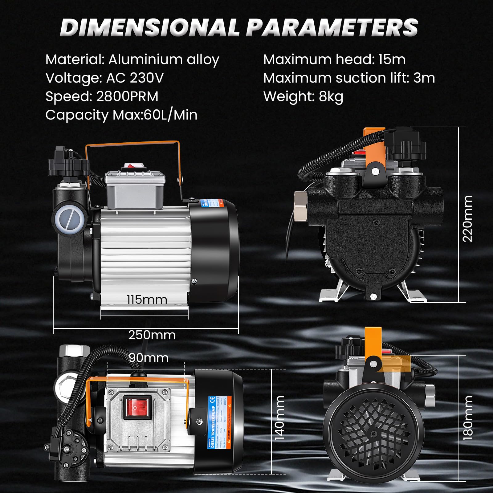 Mxmoonant Bomba eléctrica diésel con interruptor de presión, 230 V, 60 l/min, autocebante, 2800 rpm, 550 W, 5 m de potencia de aspiración para diésel, queroseno