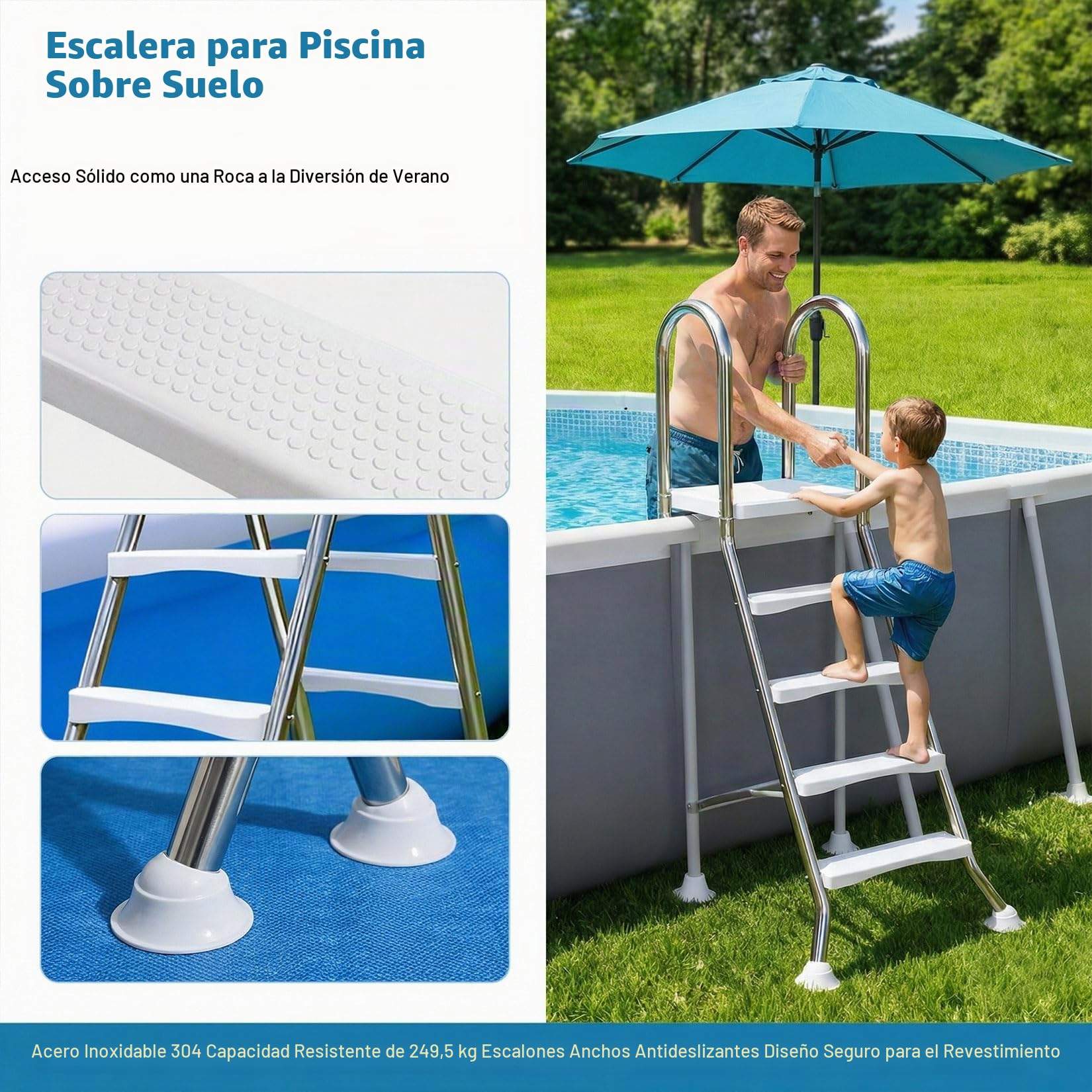Escalera para Piscina elevada de 52'' Marco de Acero Doble Lateral para Entrada Salida de Piscina escalones de plástico Antideslizantes de Alta Resistencia Capacidad de Peso 250 kg,85cm
